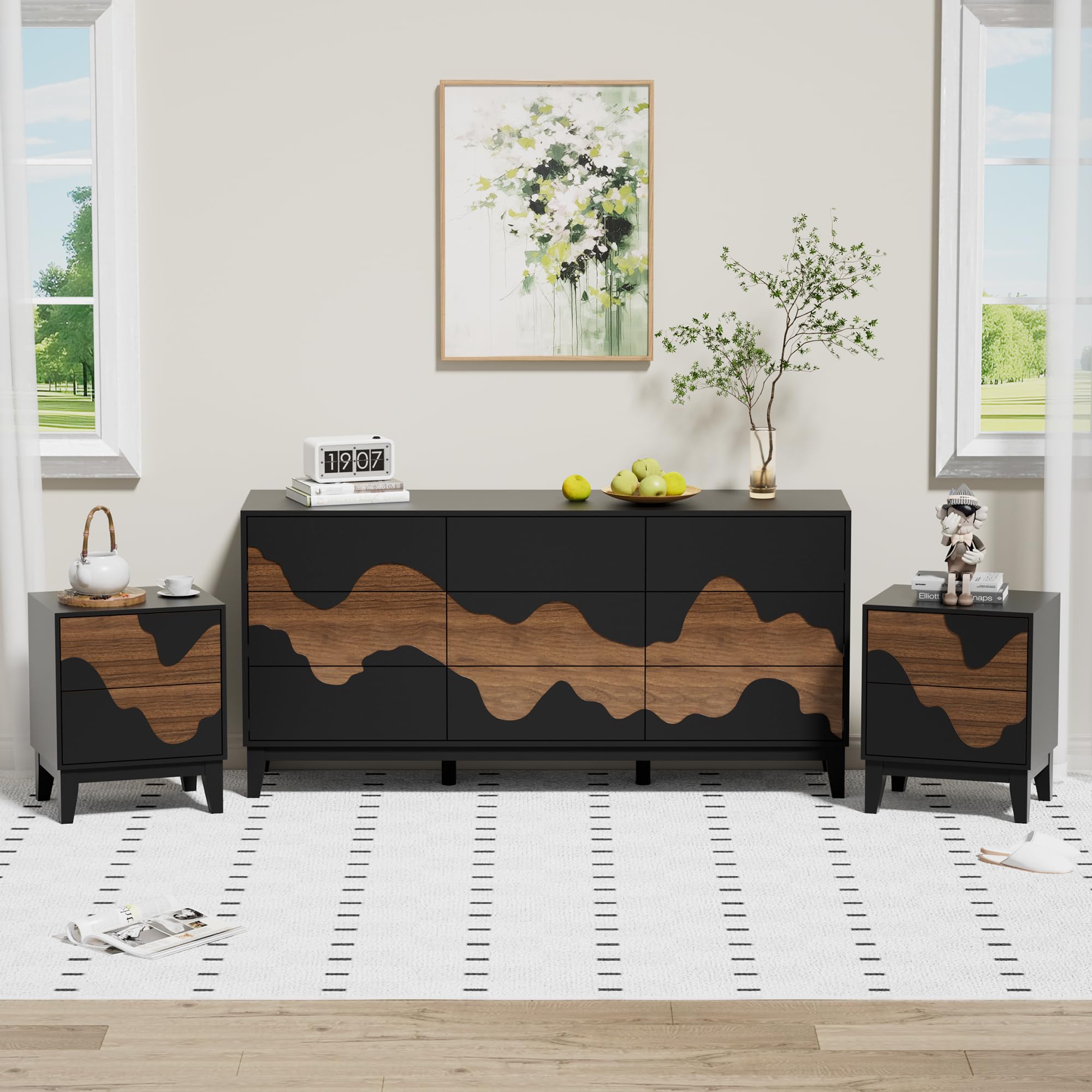 Piece Bedroom Dresser Set, Modern 9 Drawer Dresser & 2 Nightstands Set