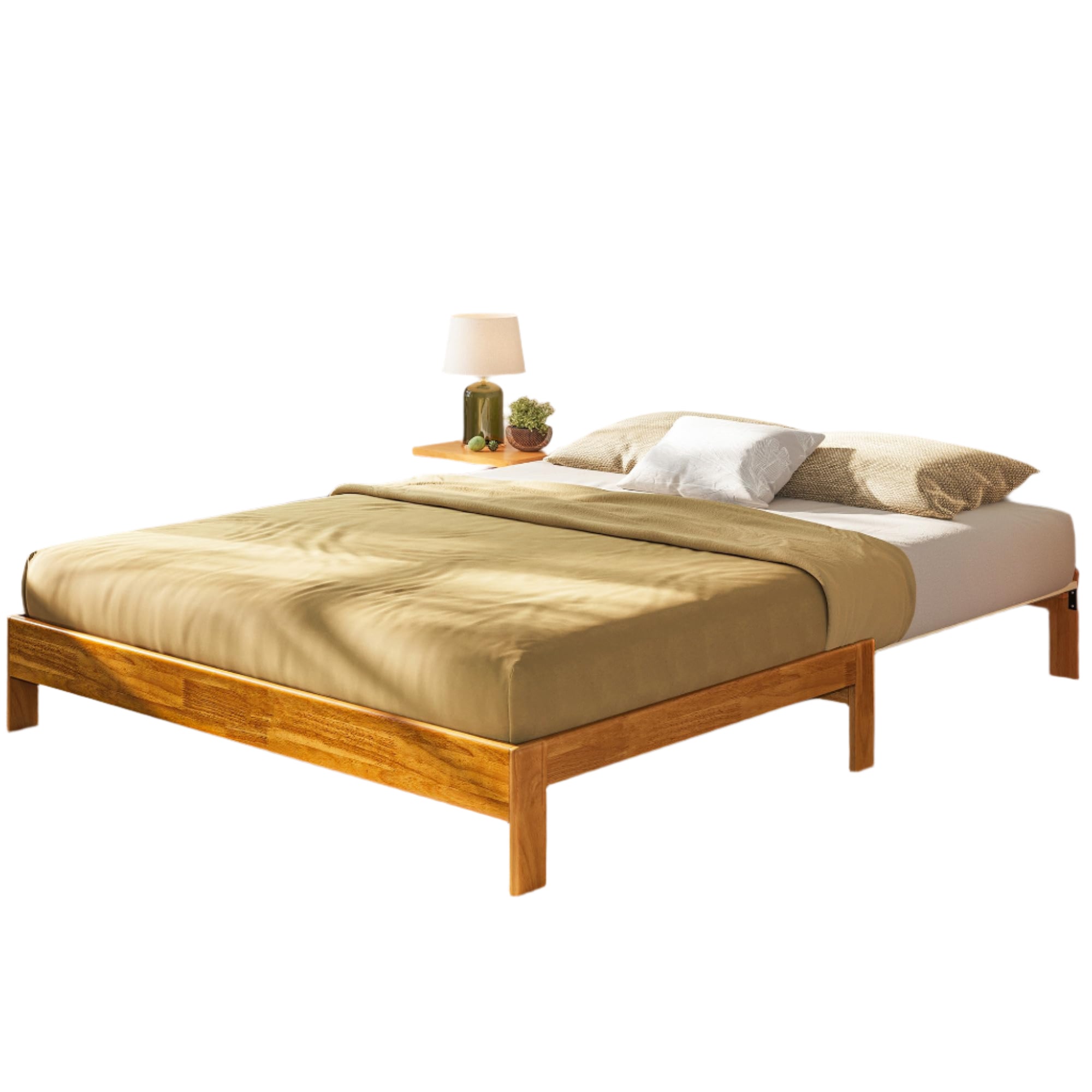 Wood Bed Frame Full Platform Bed, Retractable Full-Size Bedframe
