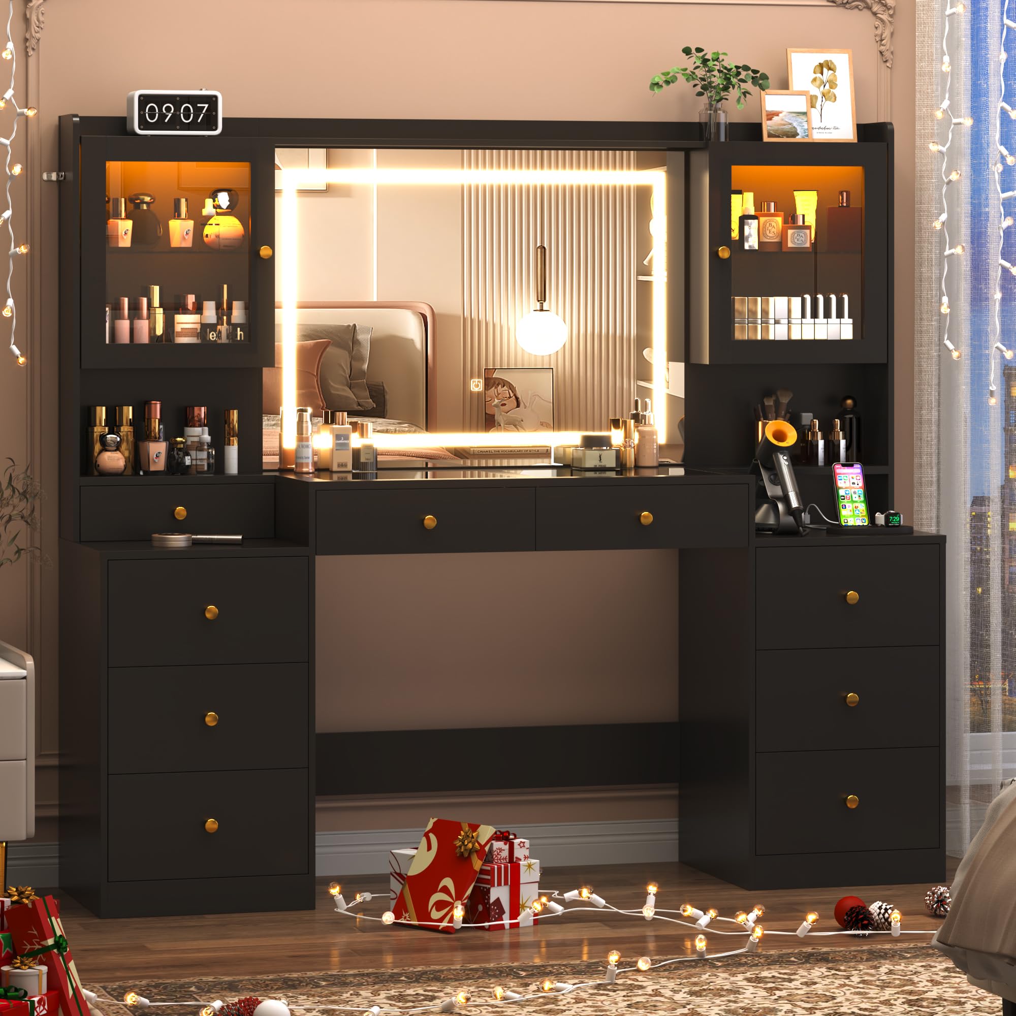 Tempered Glass Top,Outlet,62inch Black Makeup Vanity Table w/ 3 Lights