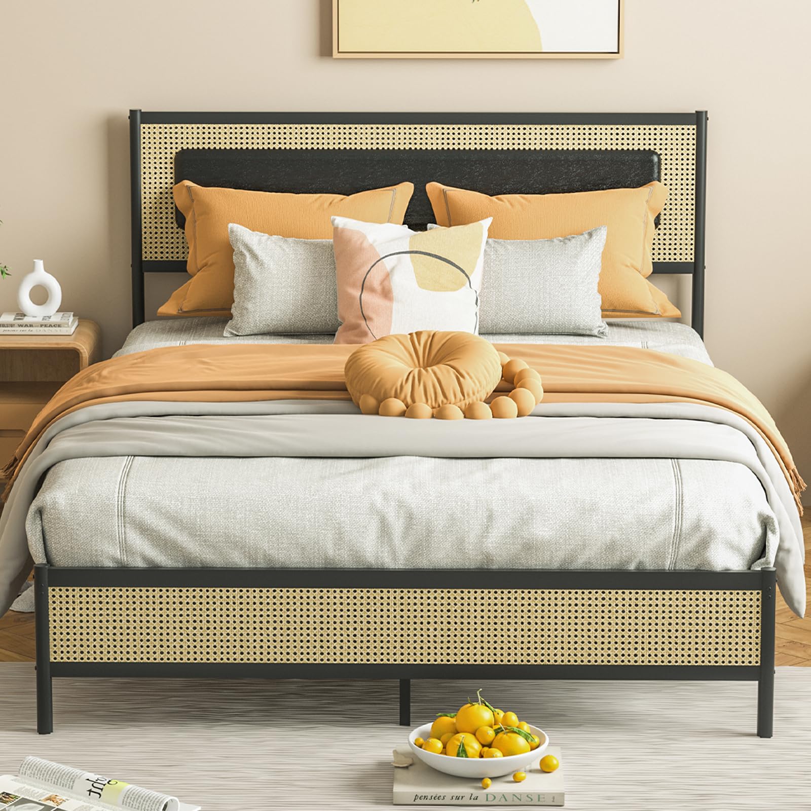 Rattan Style Bed Frame Full Size Metal Platform Frame with Soft Leather
