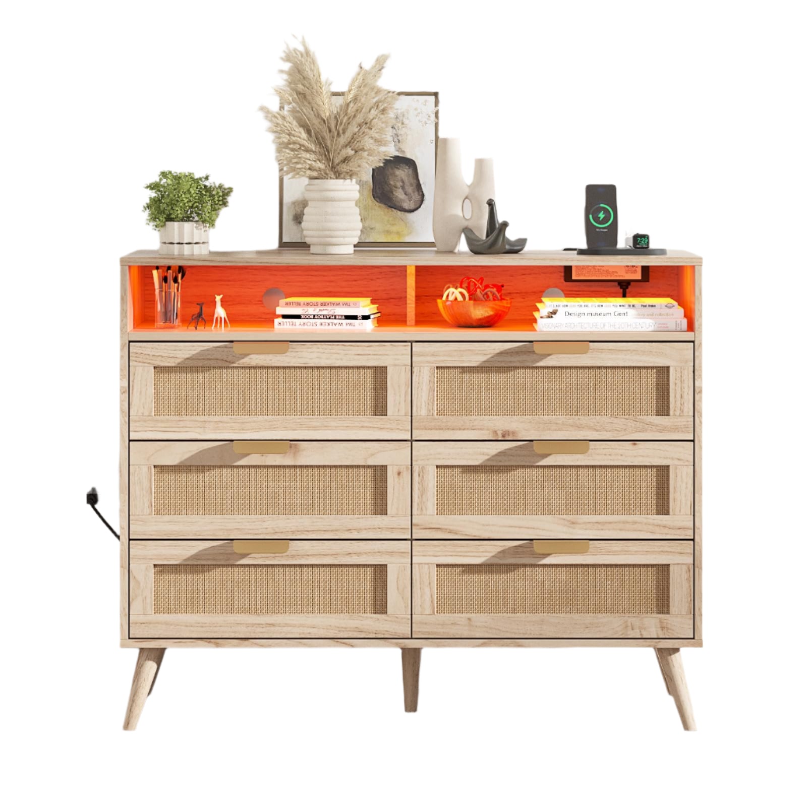 6 Drawer Rattan Dresser for Bedroom,41" Wide Modern Chest of Drawers