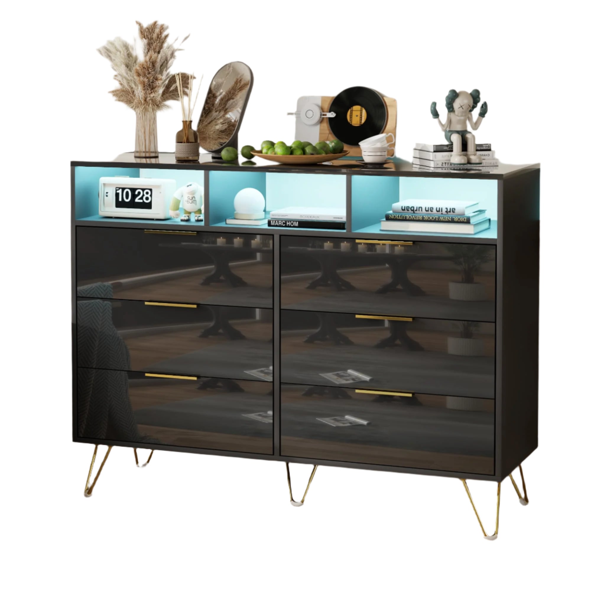 Dresser for Bedroom, High Gloss 6 Drawer Dresser with Led Lights