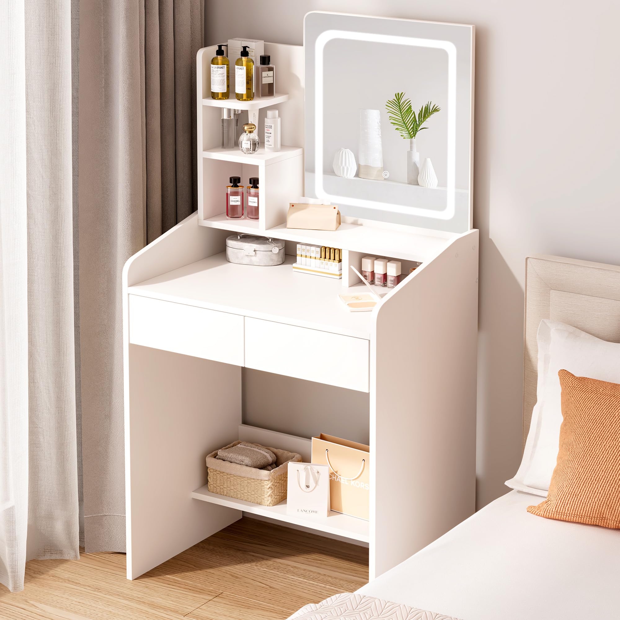 Small Vanity Desk Set with Square Mirror and Light- Vanity Desk with Drawer