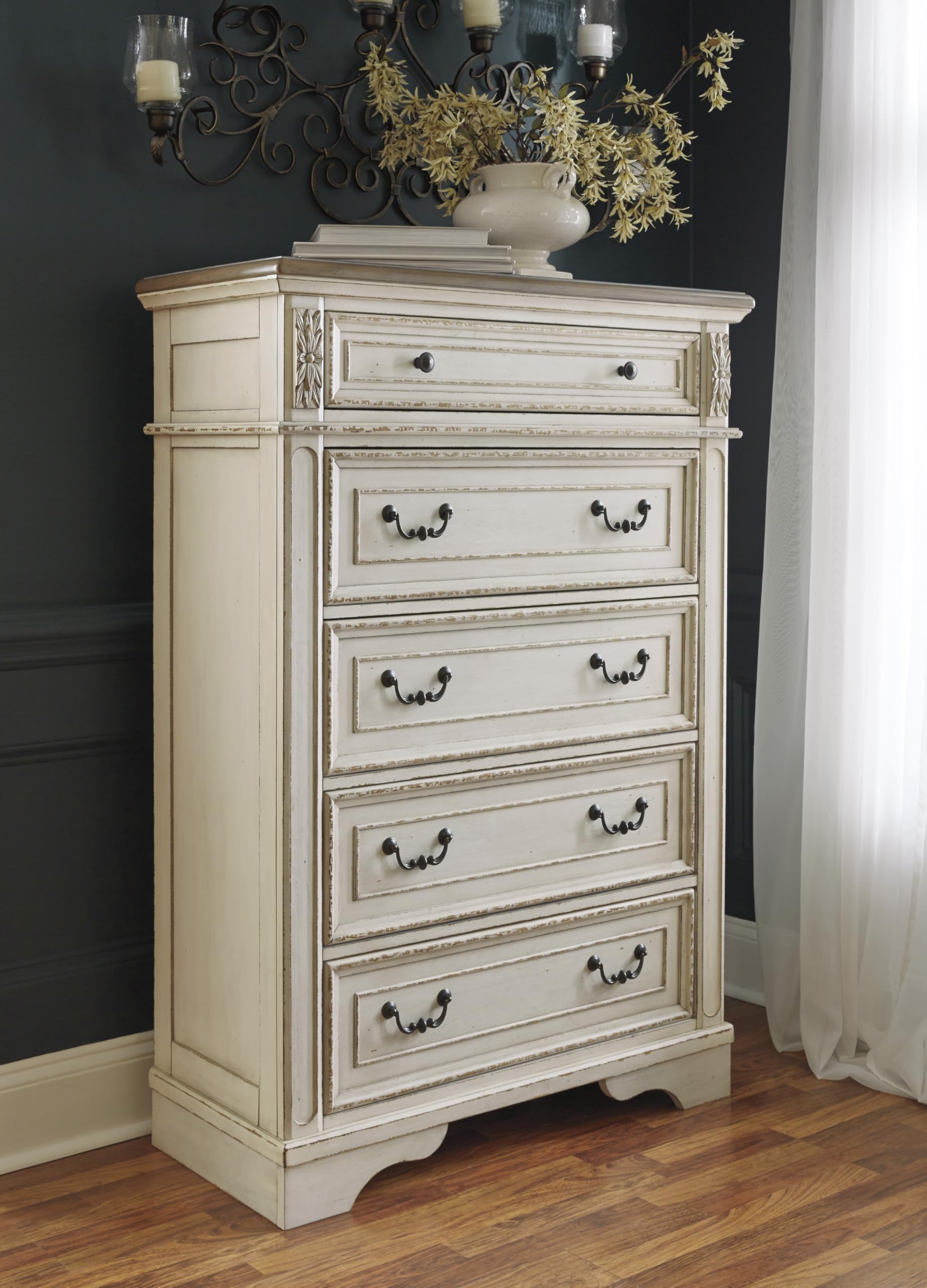 Realyn French Country Two Tone 5 Drawer Chest of Drawers, Chipped White