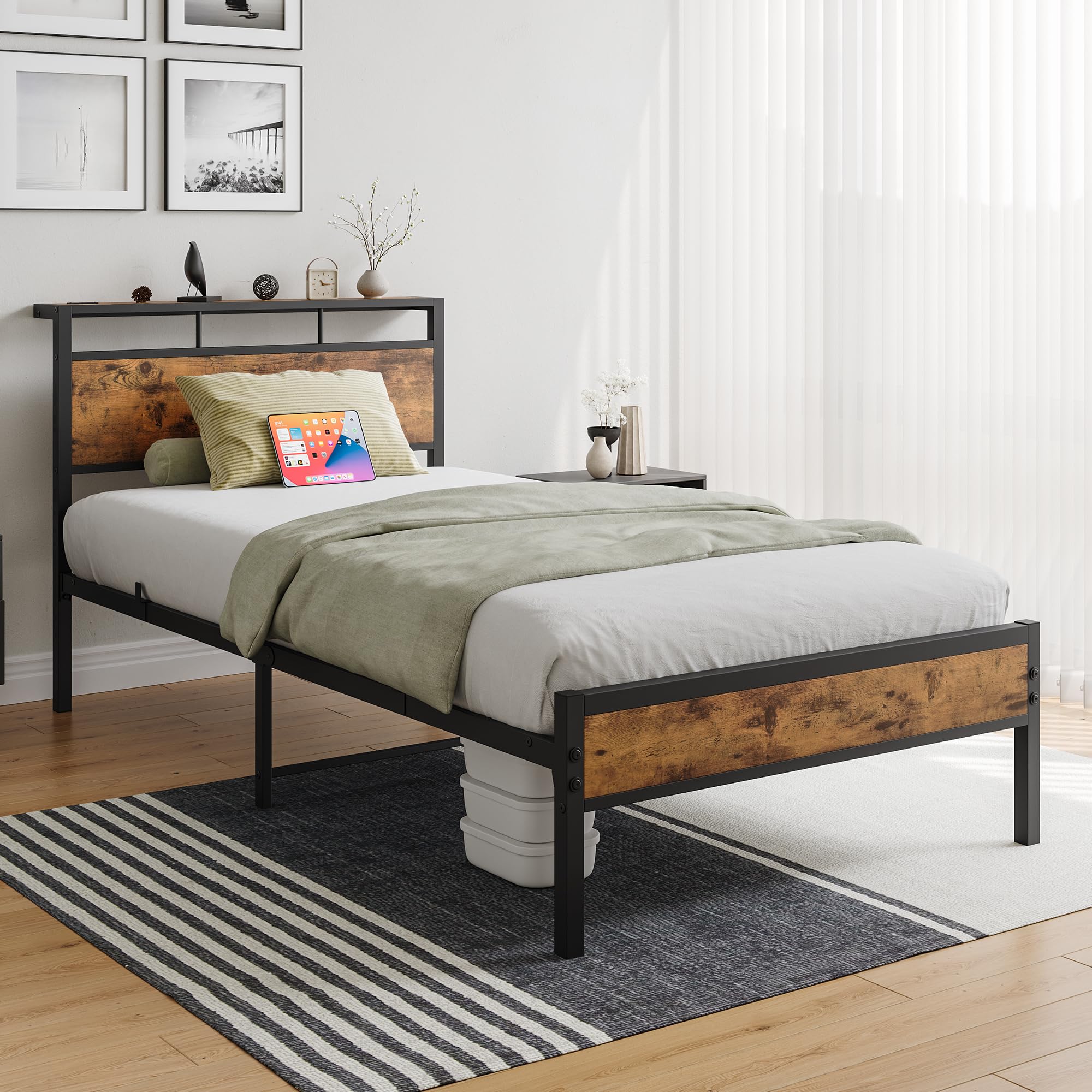 Twin Bed Frame with Headboard Storage,Single Wood Bed Frame