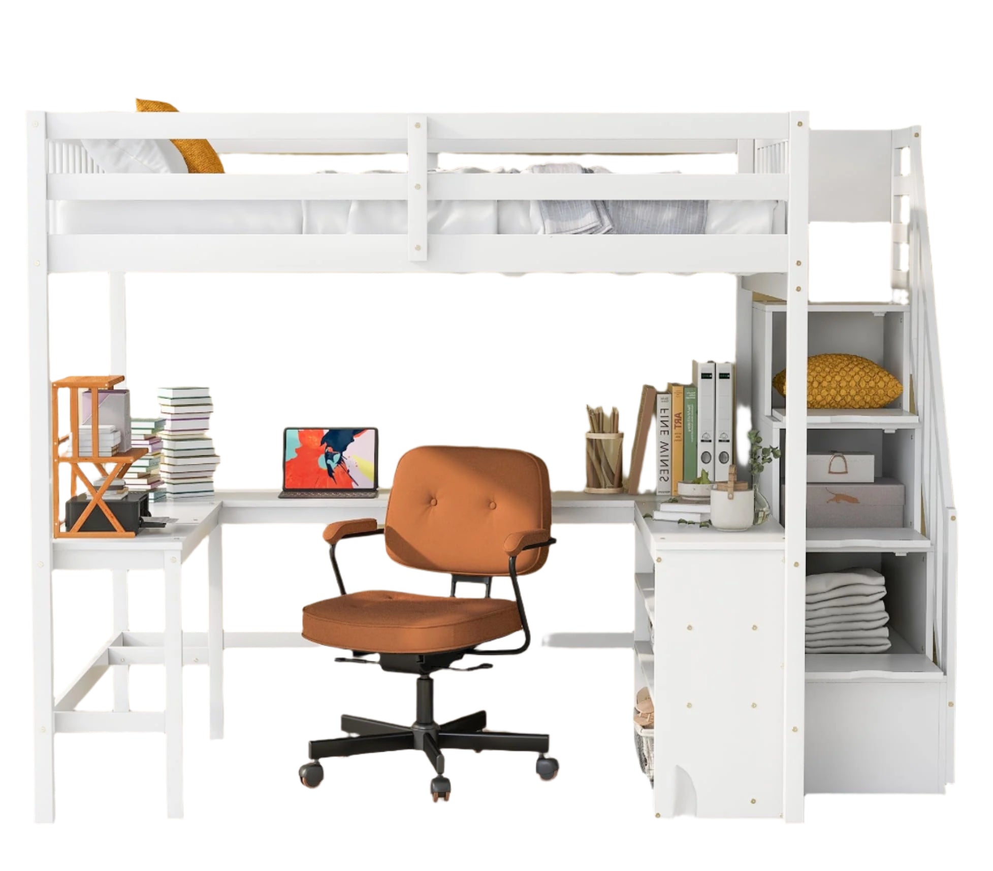 Wood Full Size Loft Bed Frame with Built-in L Shaped Desk & 3 Storage Shelves & Attached