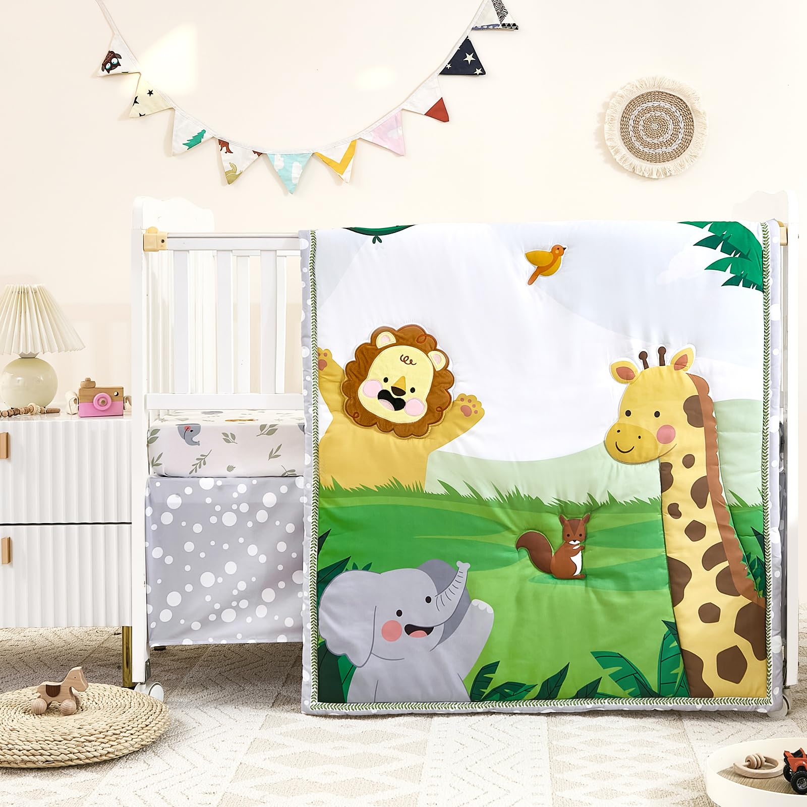 NacoMoco 3-Piece Crib Sets for Boys Girls - Ultra Soft Safari Crib Bedding Set Includes Crib Comforter, Sheet & Skirt (Happy Animals)
