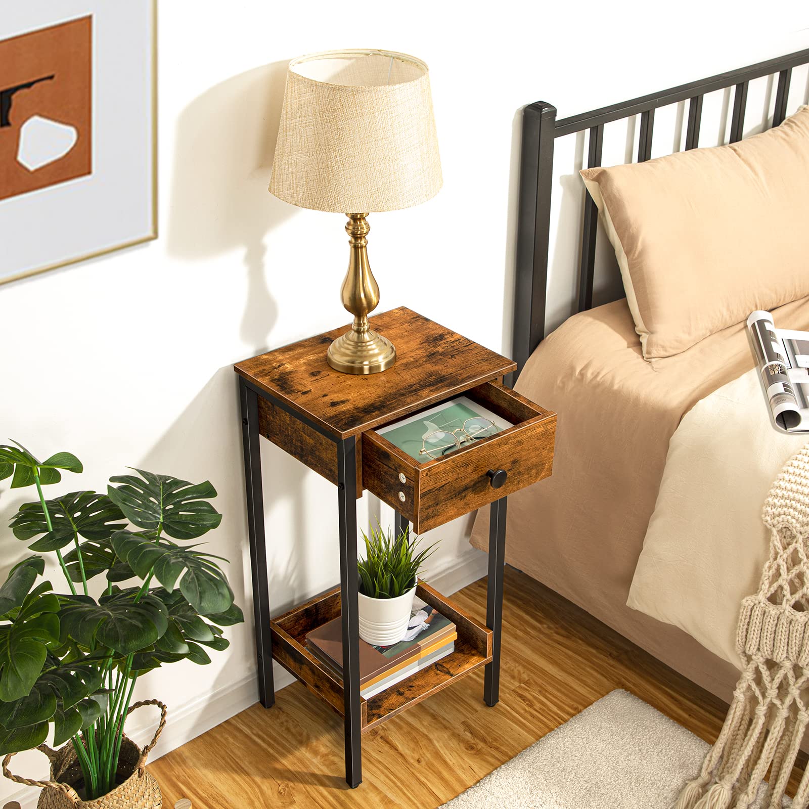 Tall End Table, Nightstand, Industrial Side Table with Drawer and Storage Shelf