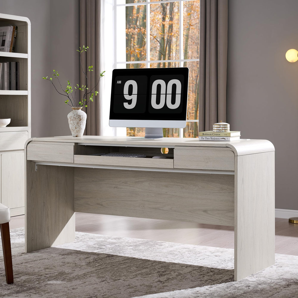 63" Curved Wood Computer Desk with 2 Drawers, Keyboard Tray & Charging Station