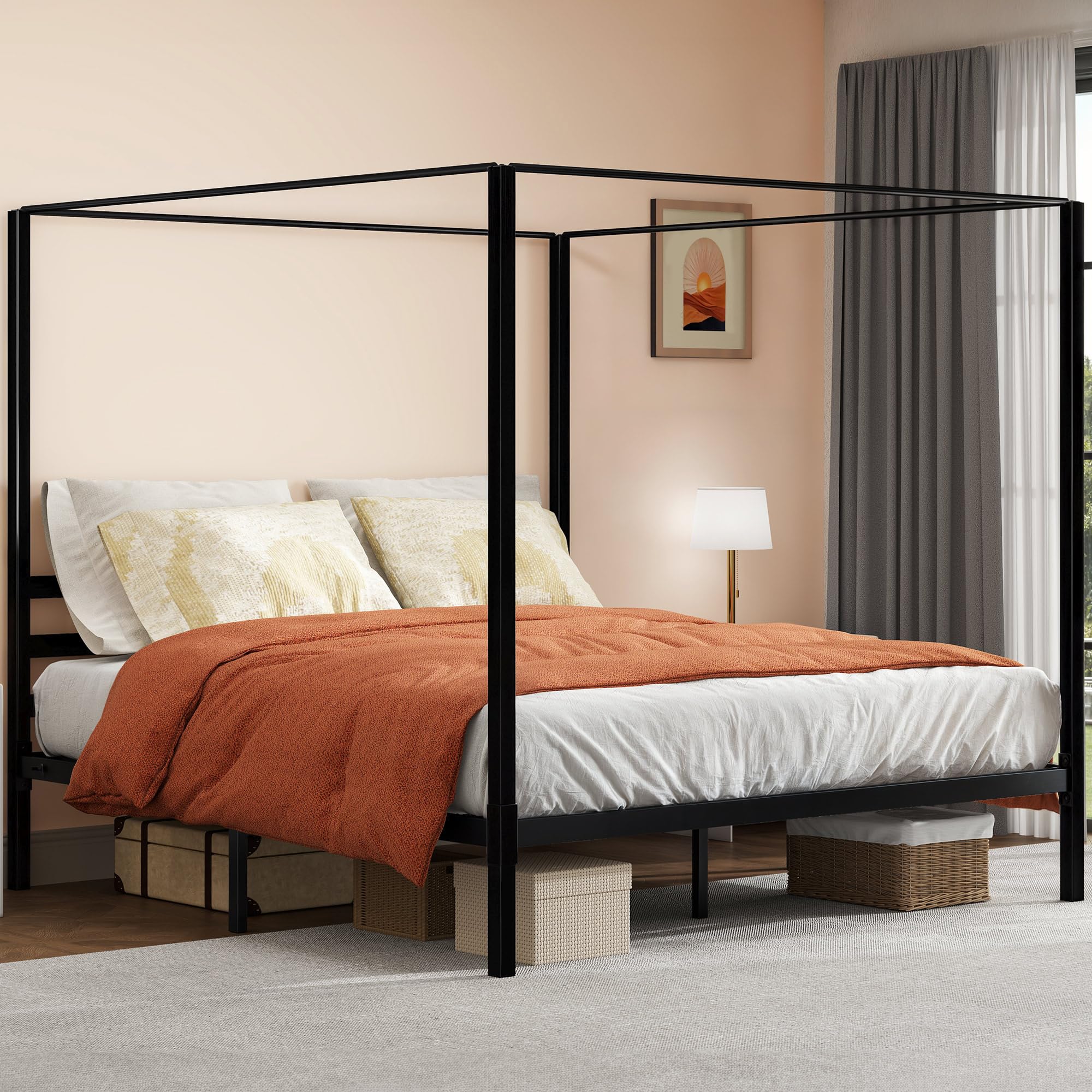 Canopy Bed Frame King, Four Poster Bed with Built-in Headboard, 14 Inch Platform Bed