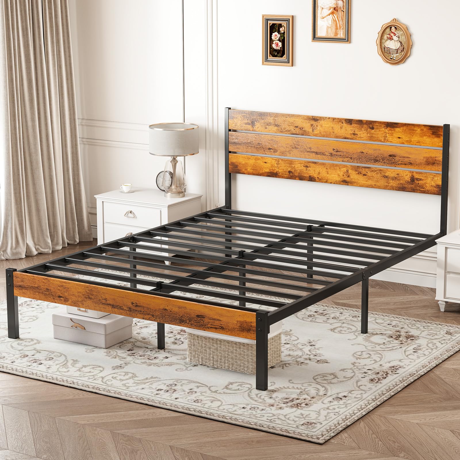 Full Size Bed Frame with Headboard, 800LBS Mattress Foundation