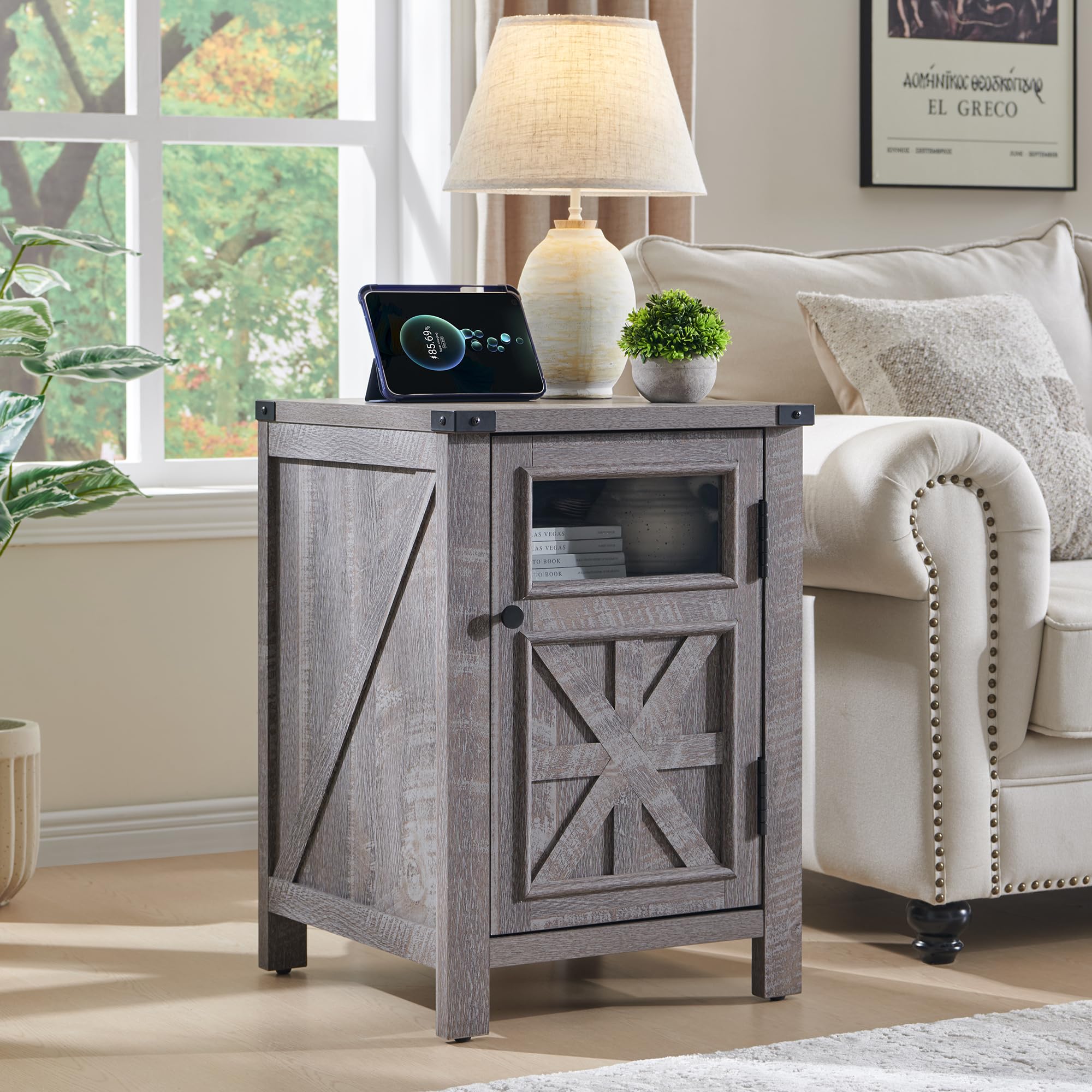 Farmhouse End Table with Charging Station, 18'' Rustic Nightstand