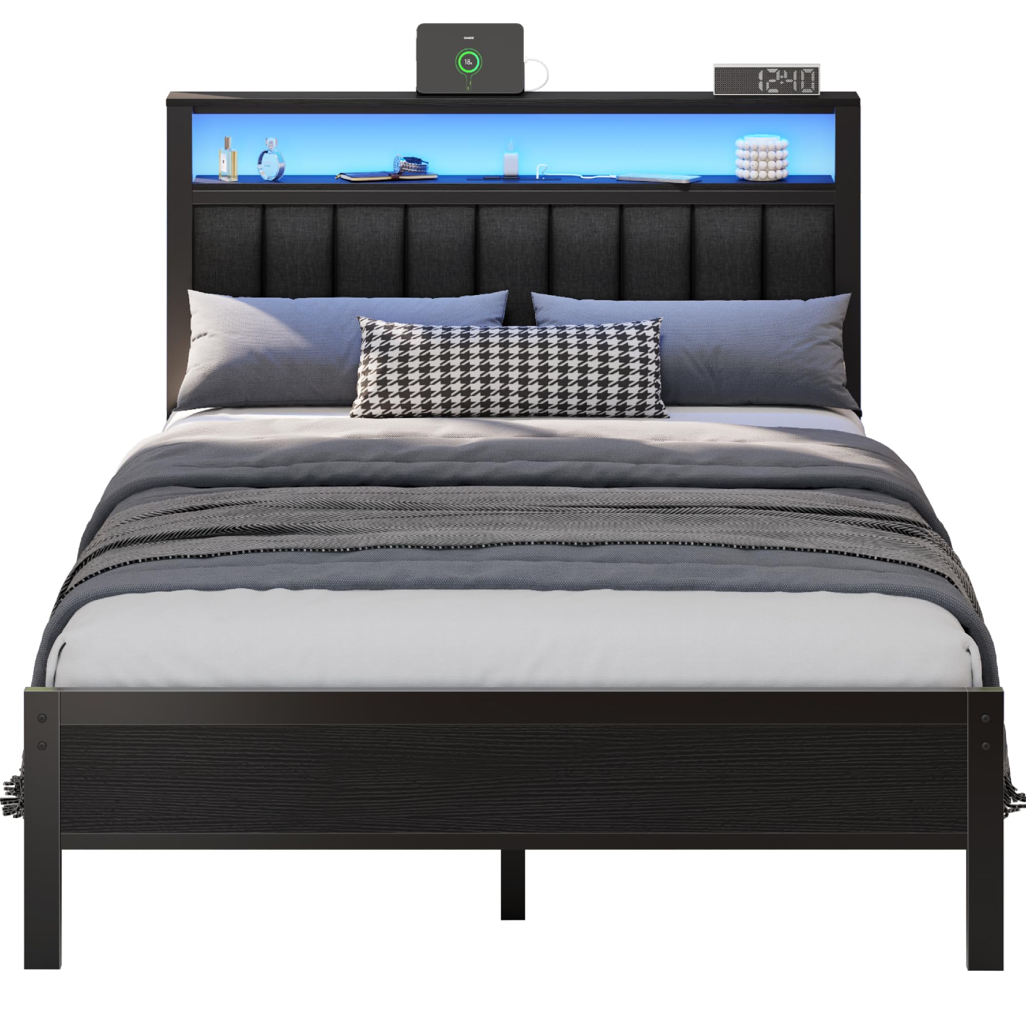 Full Size Bed Frame with Charging Station and LED Lights, Platform Bed with Metal Slats