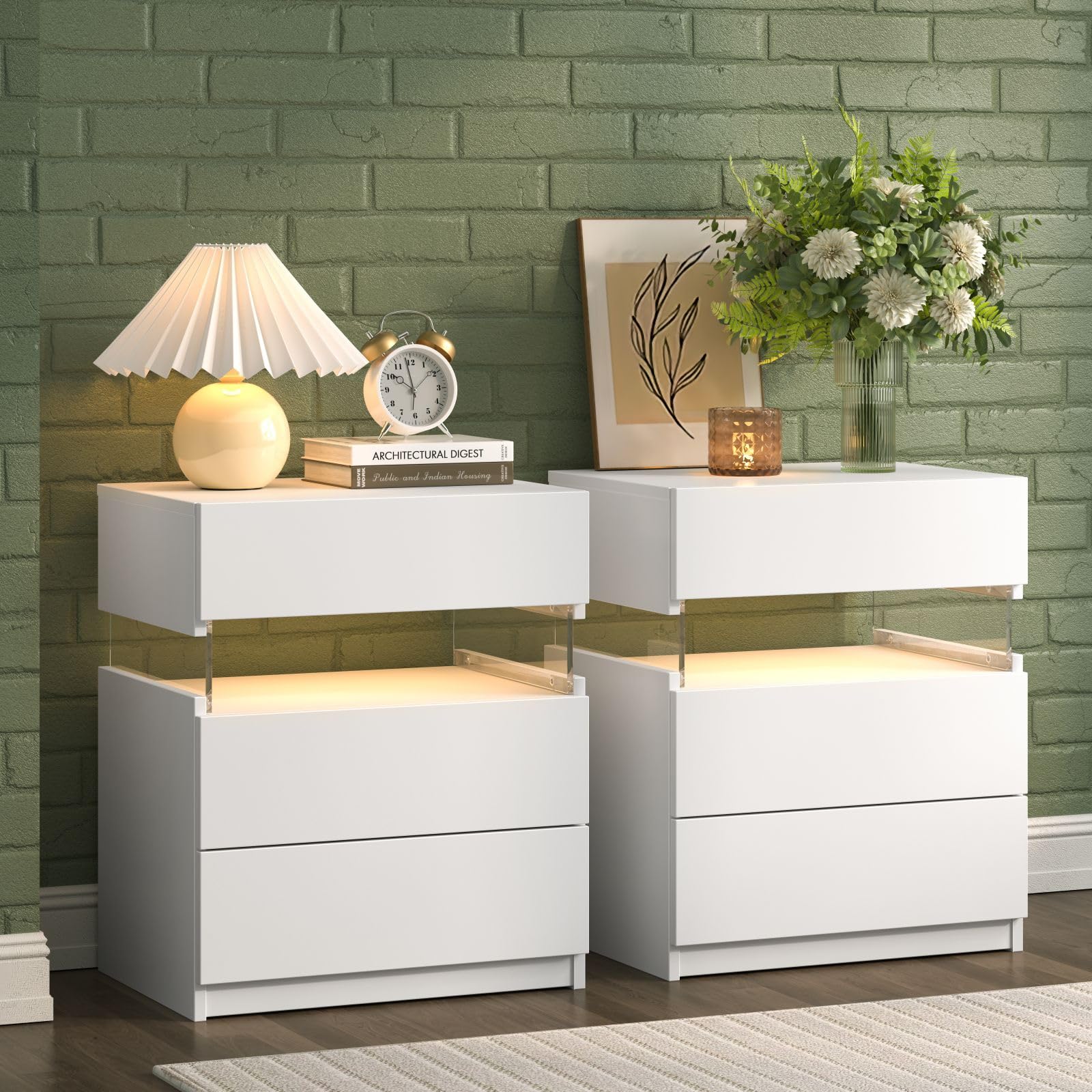 Night Stand Set 2 White Nightstand Set of 2 with 3 Drawers LED Night Stands