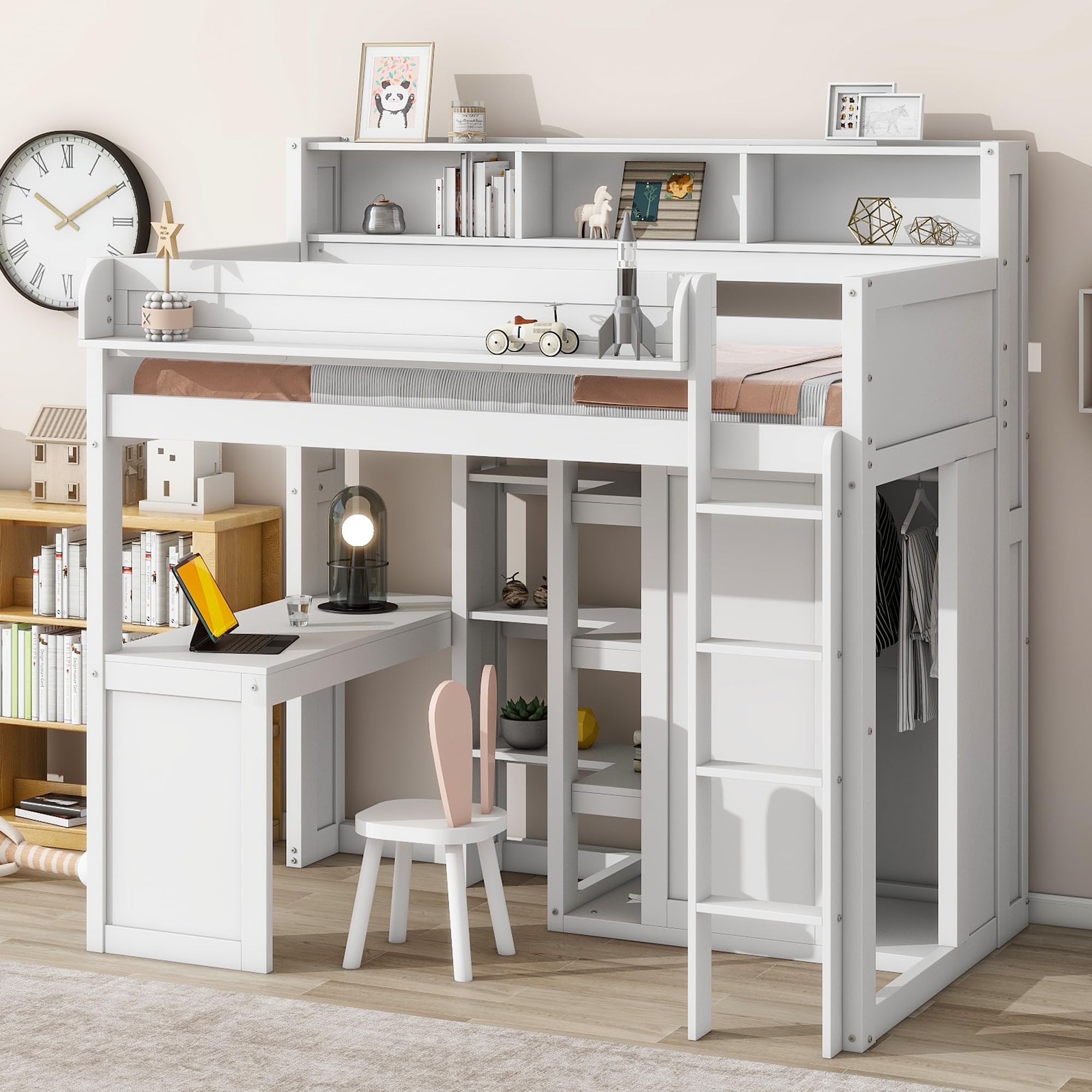 Twin Size Loft Bed with Desk, Multiple Storage Shelves and Wardrobe