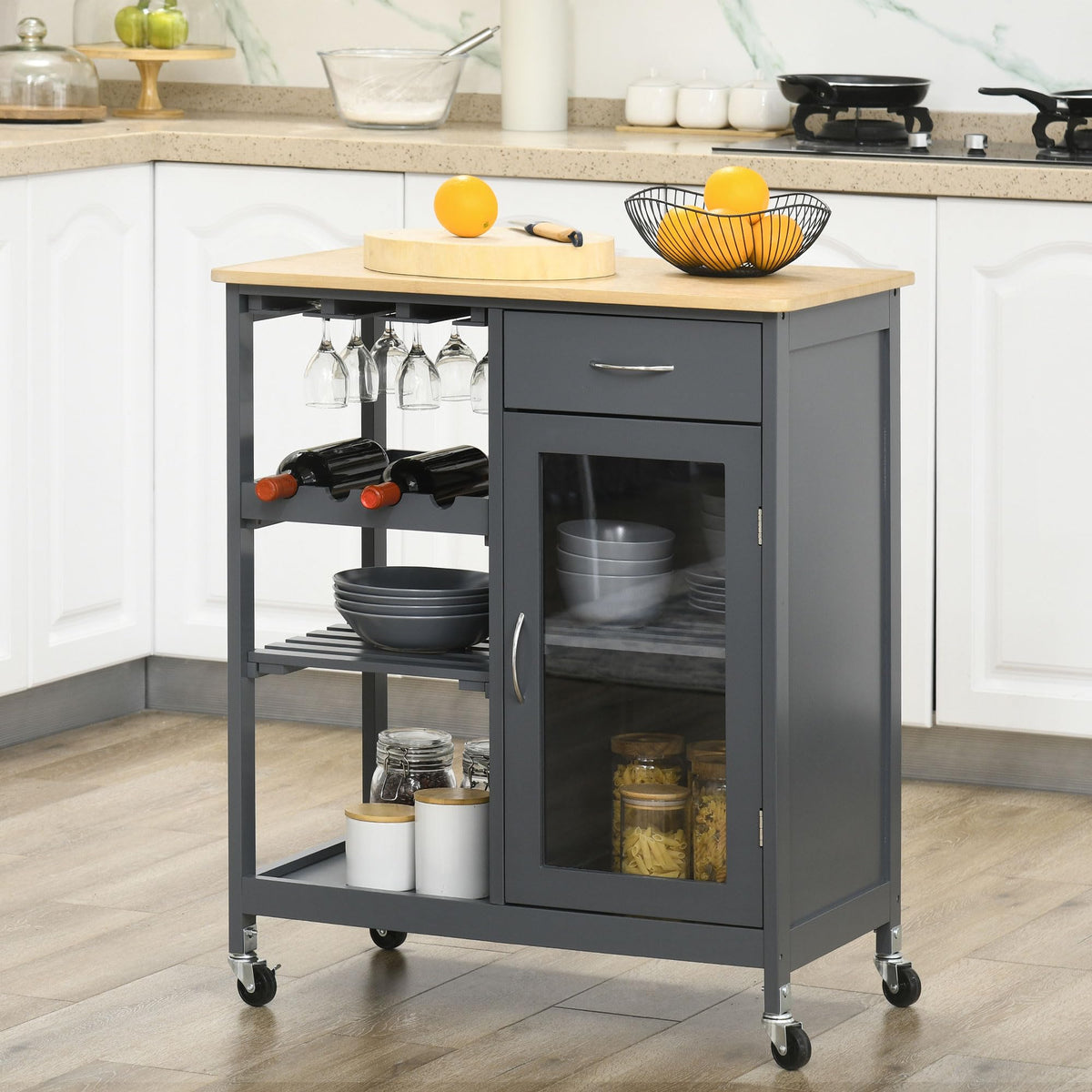 Rolling Kitchen Island with Wine Rack and Storage, Grey