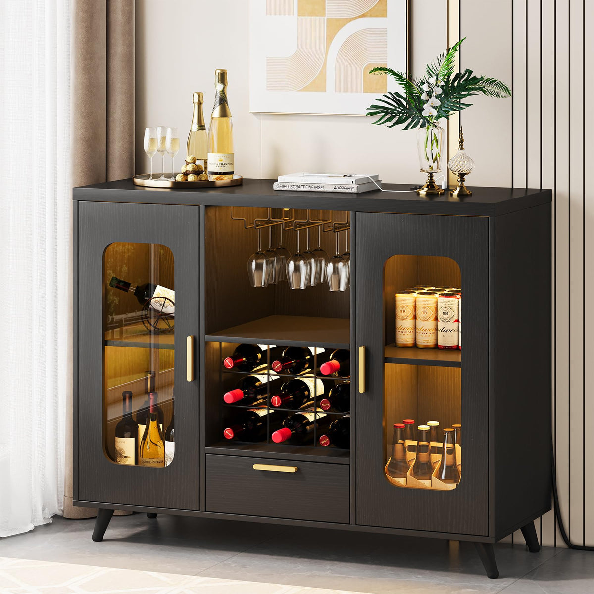 Bar Cabinet with LED Light, Wine Rack & Glass Holder
