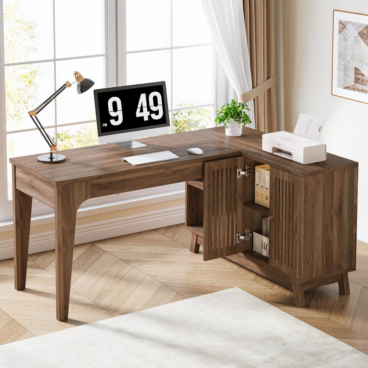 57" L-Shaped Corner Desk with Storage Shelves & Cabinet
