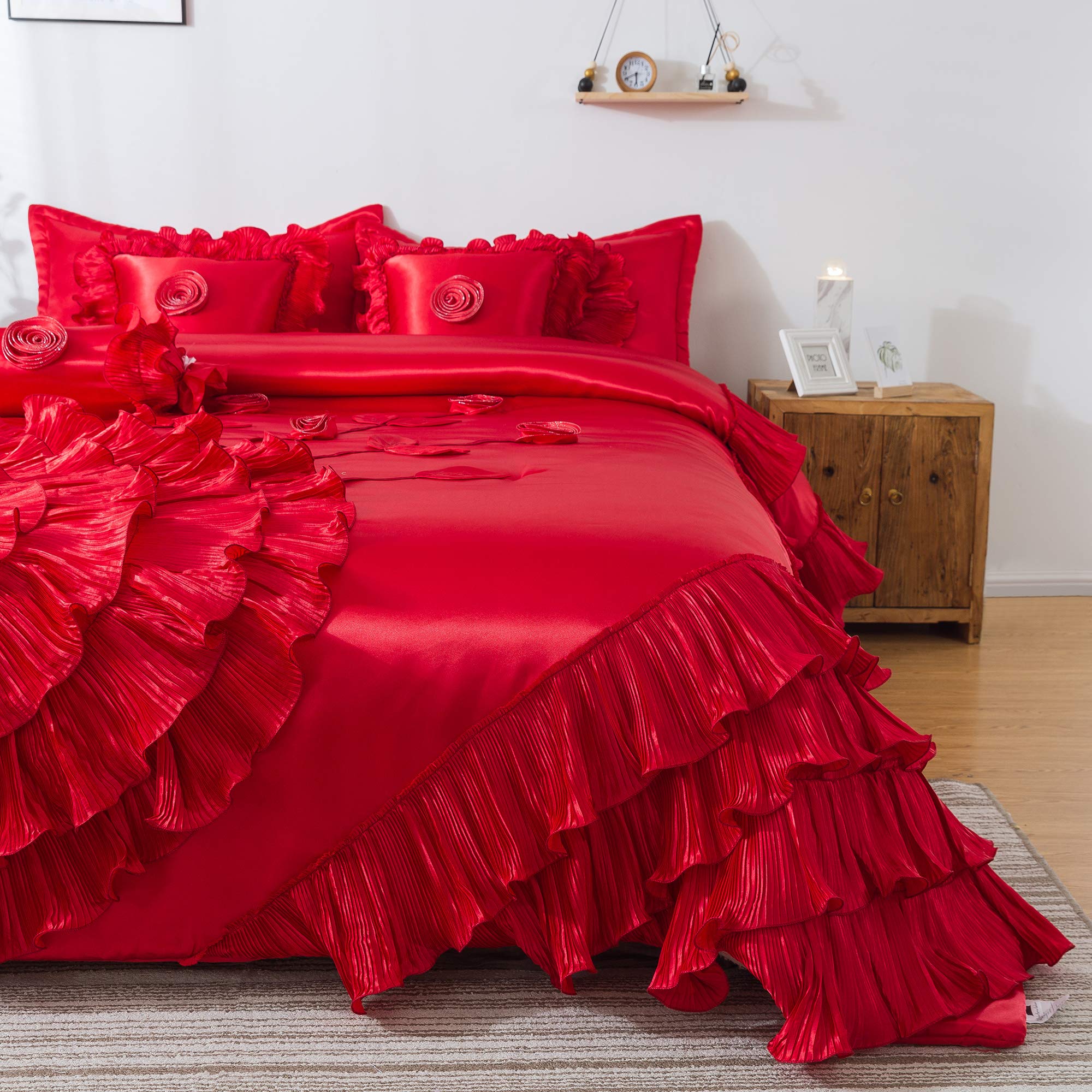 VEHY4174-K Ruffle Comforter Bedding Set, King, Red