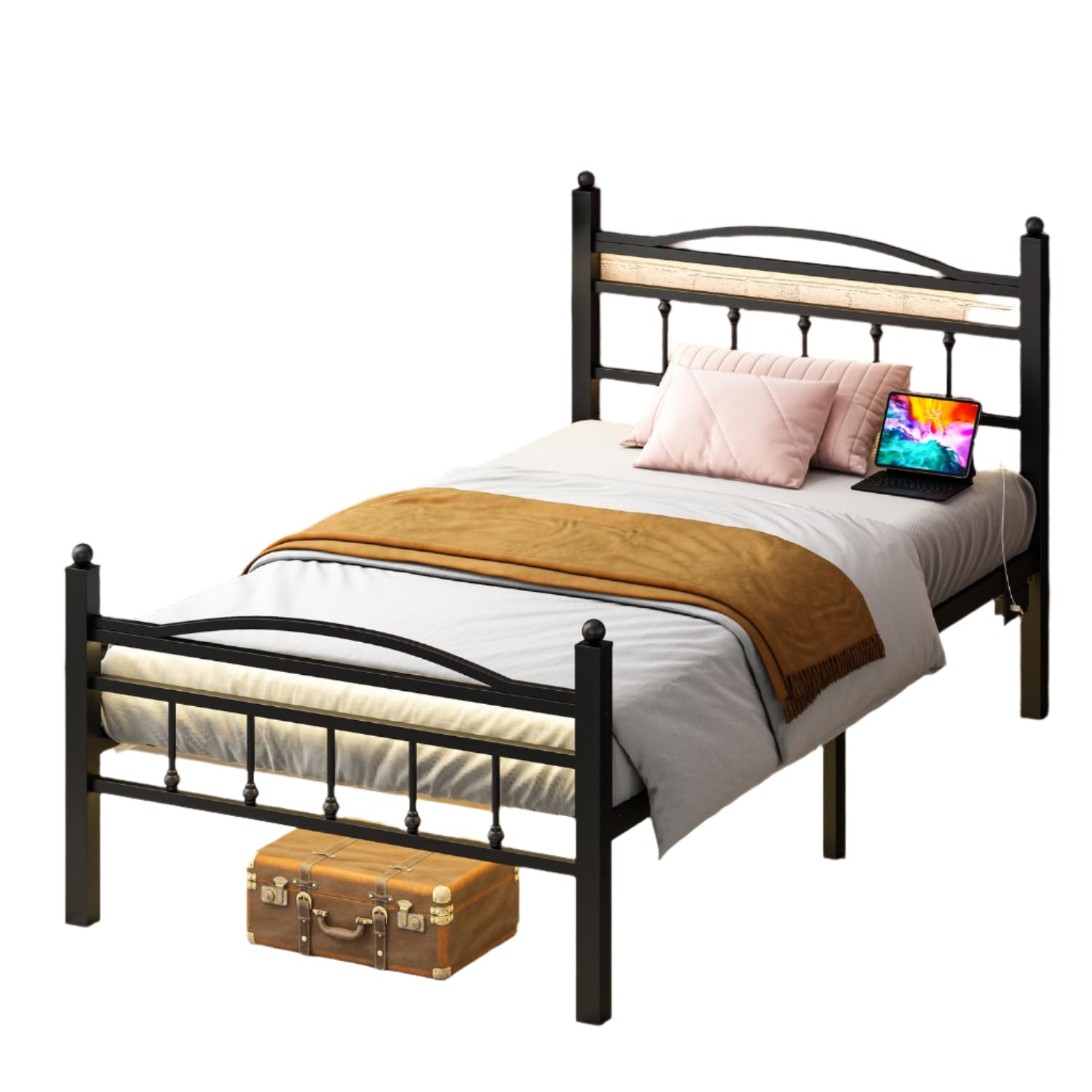 Frames with Headboard, LED Bed Frame with Charging Station