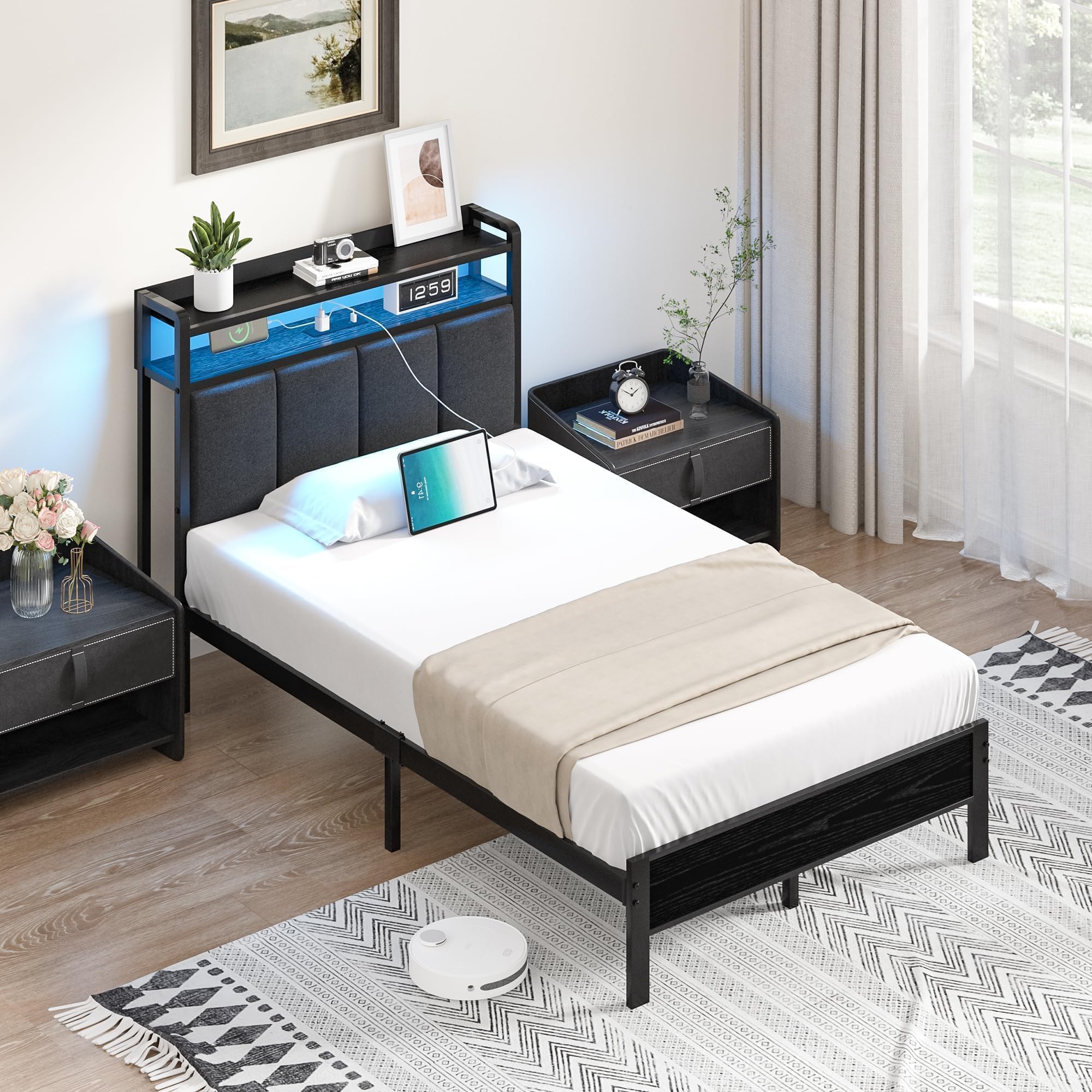 Bed Frames with LED Lights and Storage, Metal Platform Bed Twin