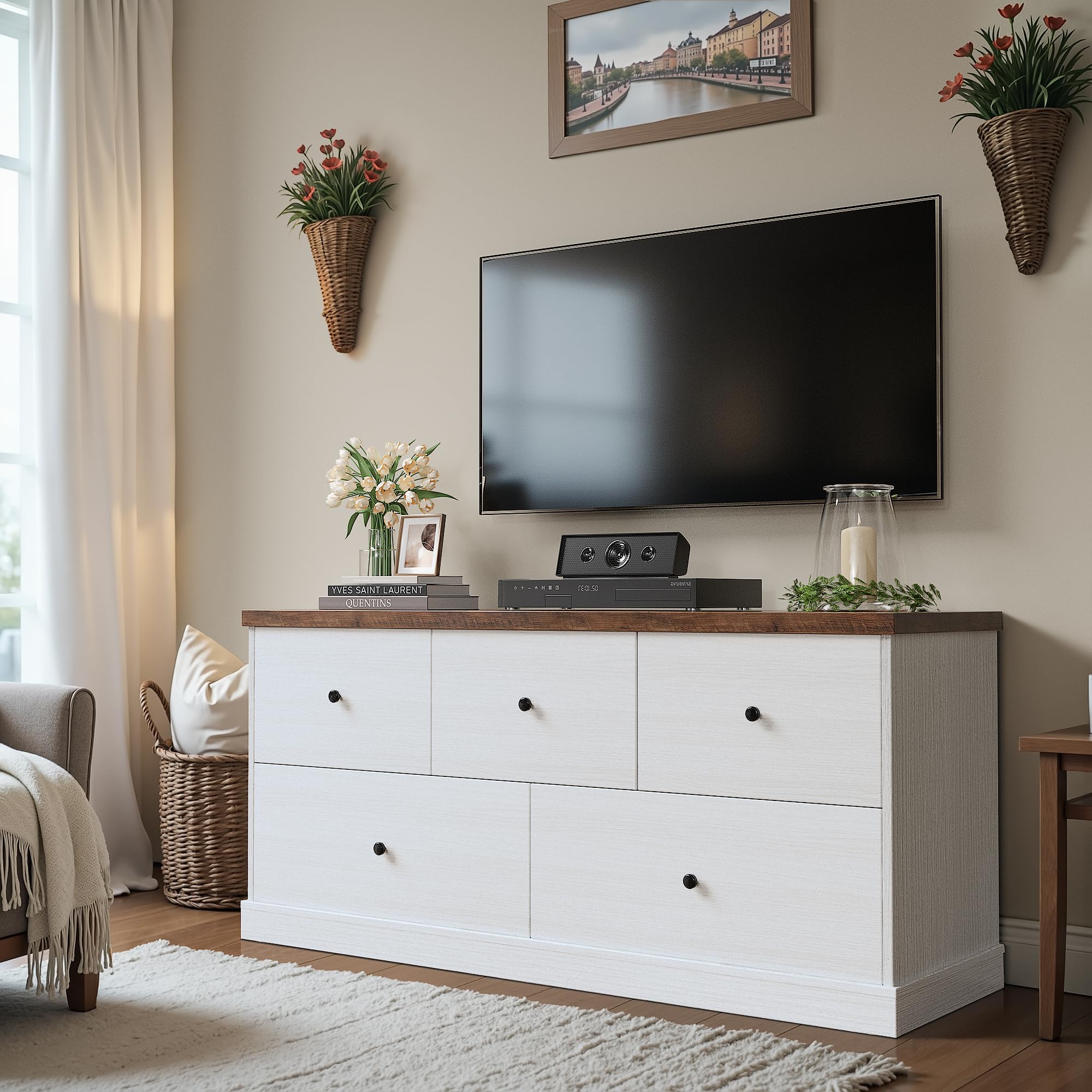 Dresser for Bedroom with 5 Drawers, Wood Chest of Drawers, TV Stand and Storage
