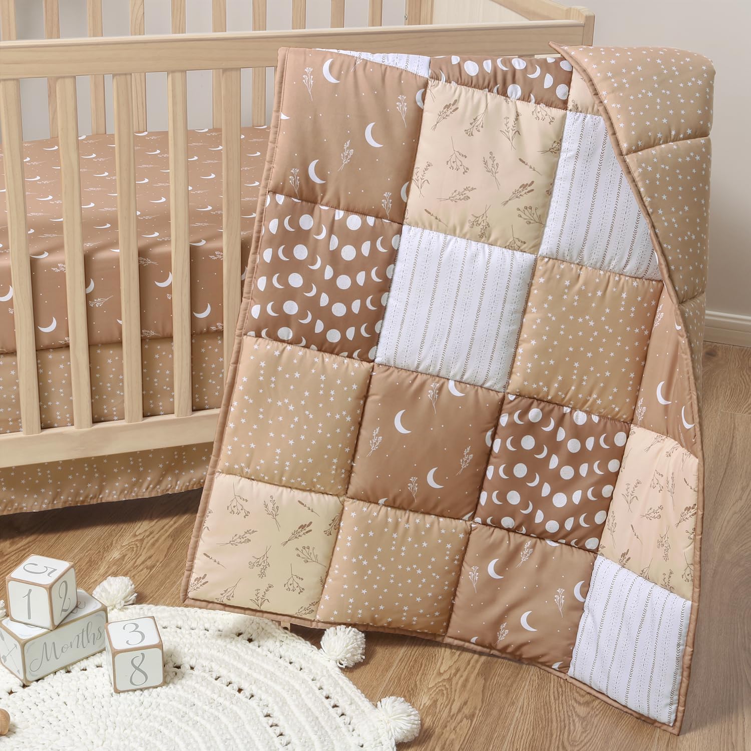 The Peanutshell 3 Piece Baby Crib Bedding Set for Boys & Girls - Newborn, Infant & Toddler Nursery Bed Set Decor with Fitted Crib Sheet, Dust Ruffle Comforter - Boho Celestial