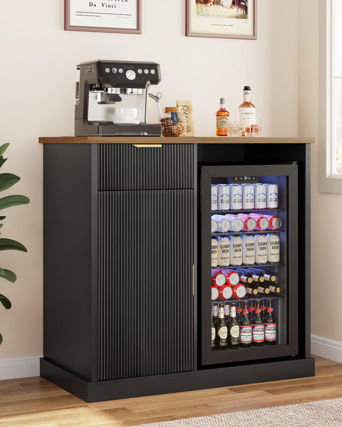 Fluted Coffee Bar Cabinet with Fridge Space & Power Outlet