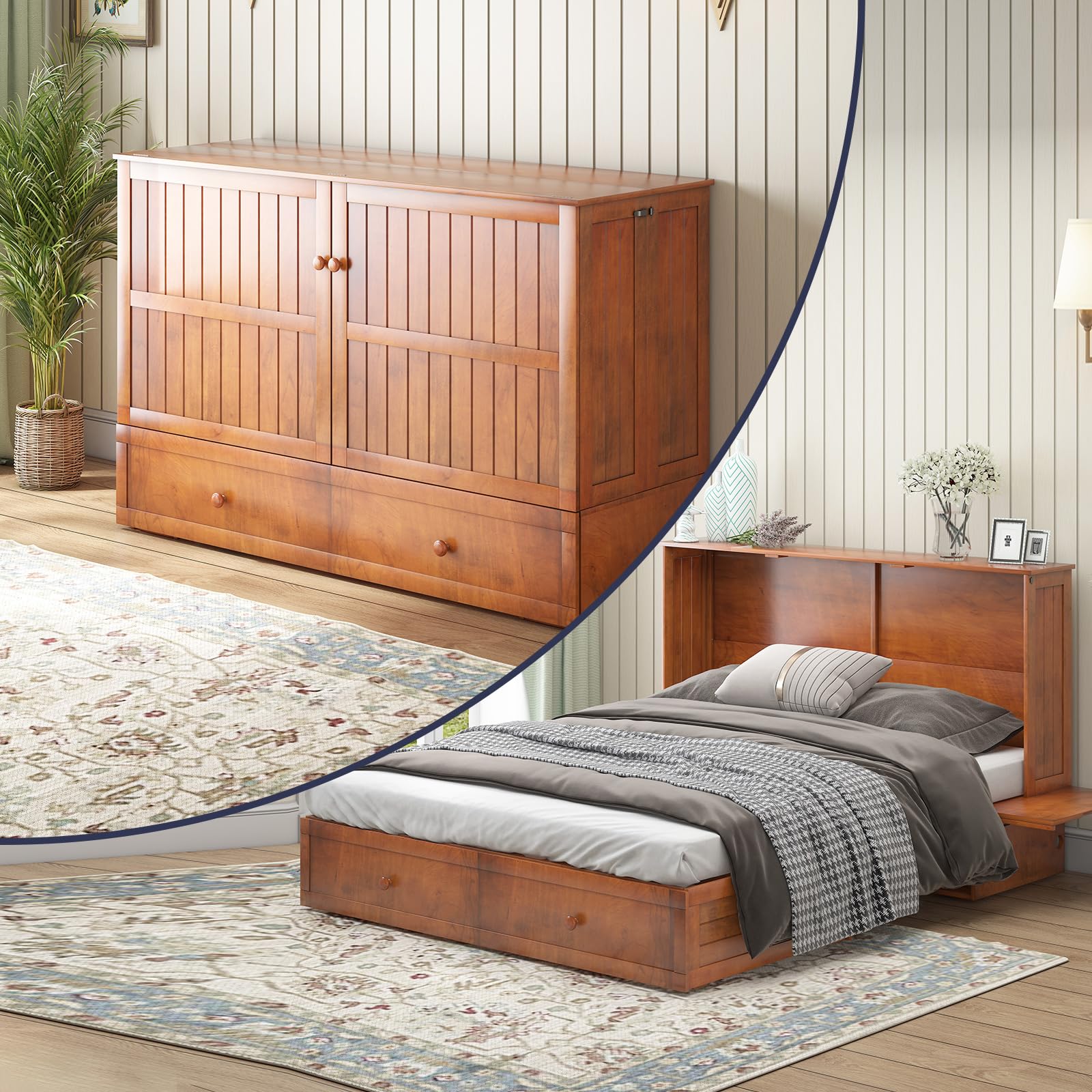 Cabinet Bed Queen Size, Hidden Murphy Bed with Storage Drawers
