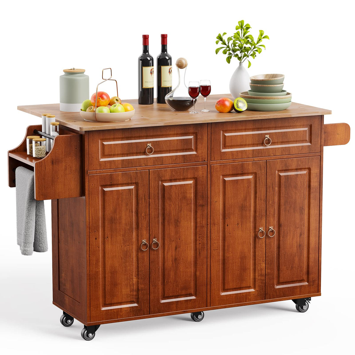 Rolling Kitchen Island with Drop Leaf & Storage