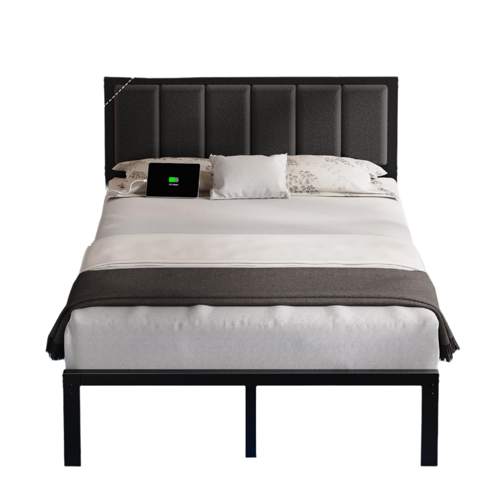 Frame with Headboard Metal Platform Bed Full Size with USB Charging