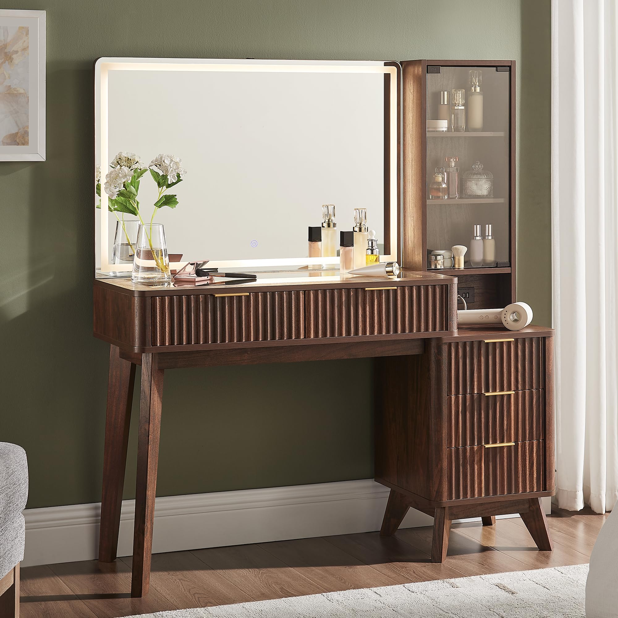 Fluted Makeup Vanity Desk with Large 36" Mirror and Lights, Modern Glass Top
