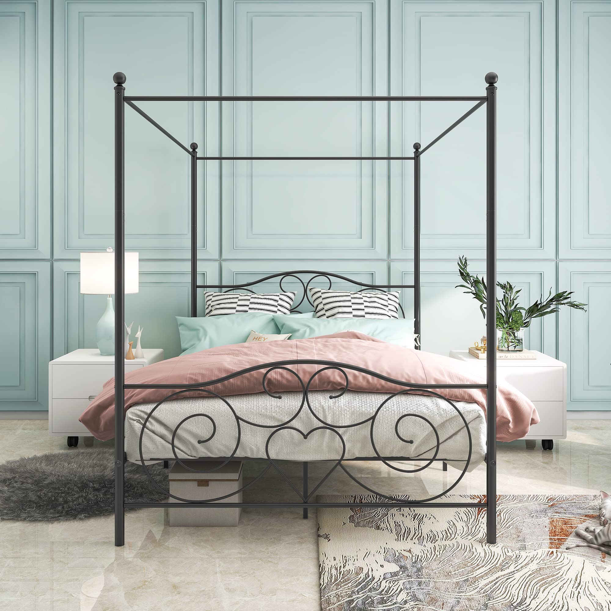 Queen Size Canopy Bed Frame with Vintage Style Headboard & Footboard for Adult