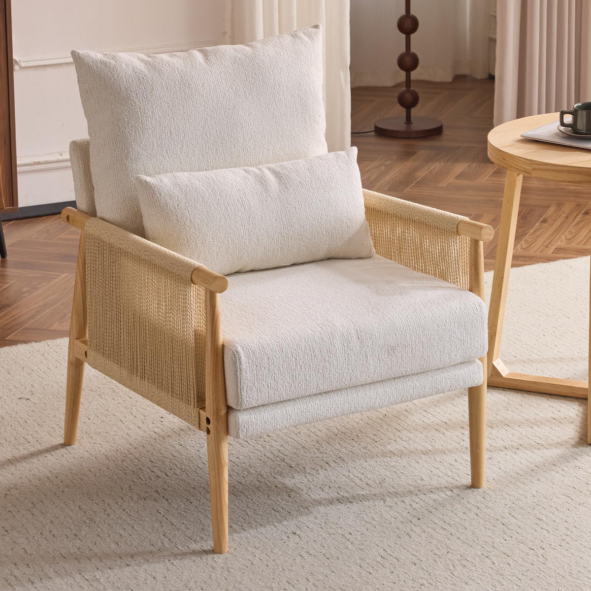 Chenille Accent Chair with Rattan Arms
