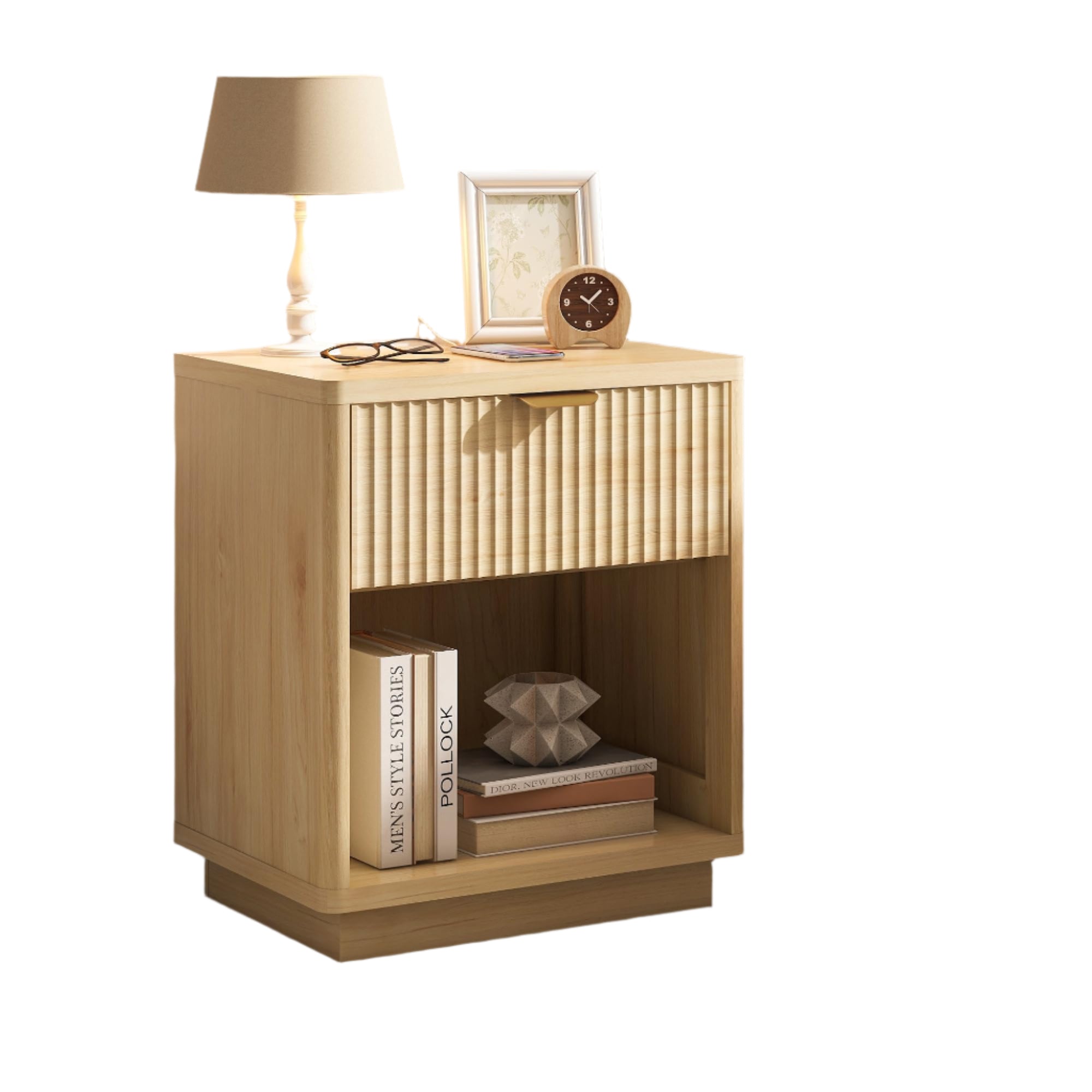 Fluted Nightstand Charging Station,Wood Modern Night Stands Storage Cabinet