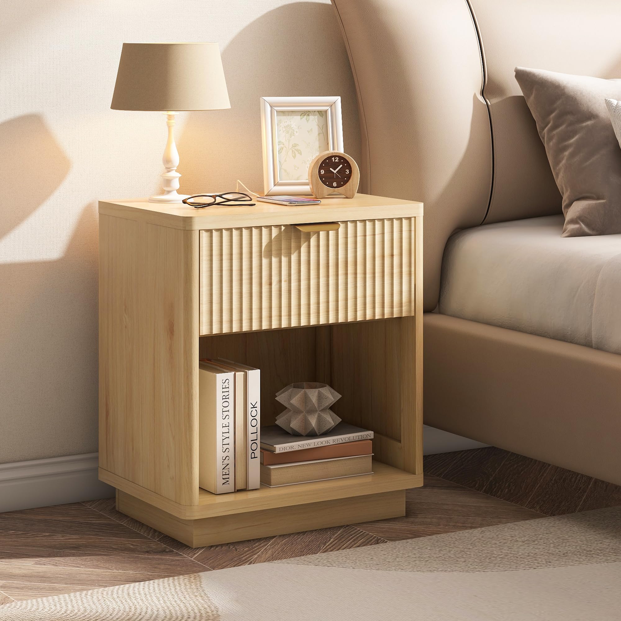 Nasonet Fluted Nightstand Charging Station,Wood Modern Night Stands Storage Cabinet for Bedroom,Oak Bedside Table with Drawers