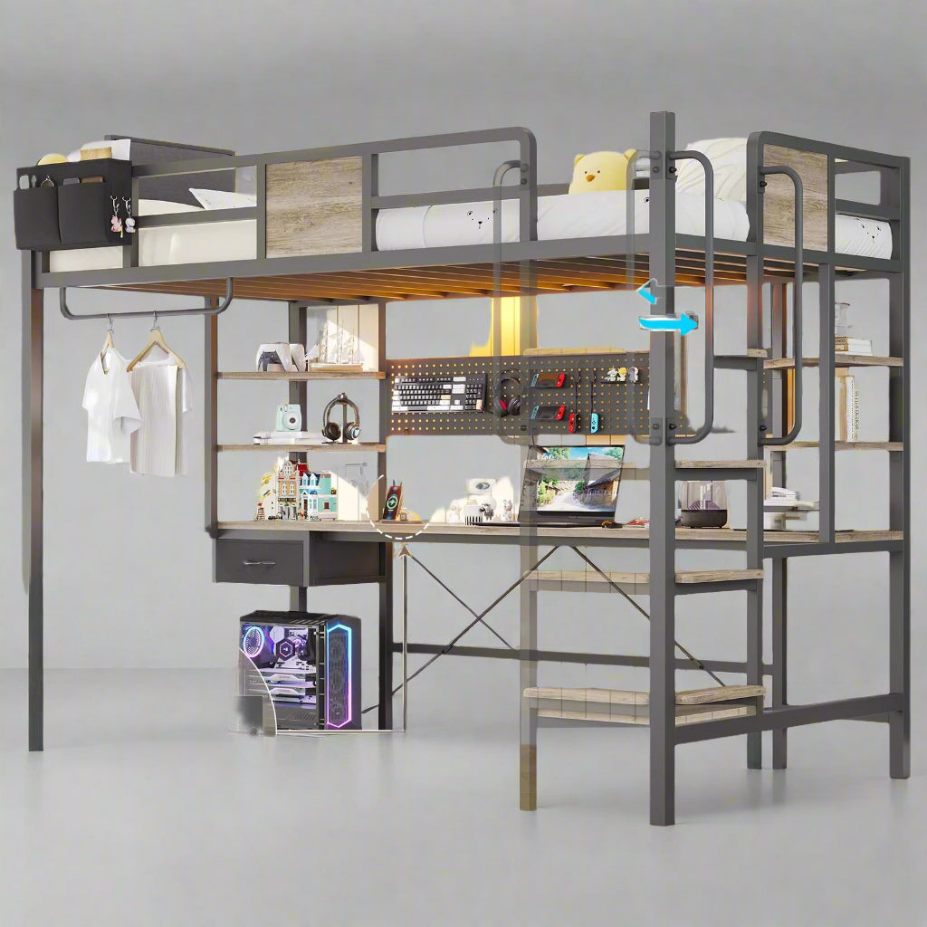 Loft Bed with Desk Twin Size Twin Loft Bed with LED Lights