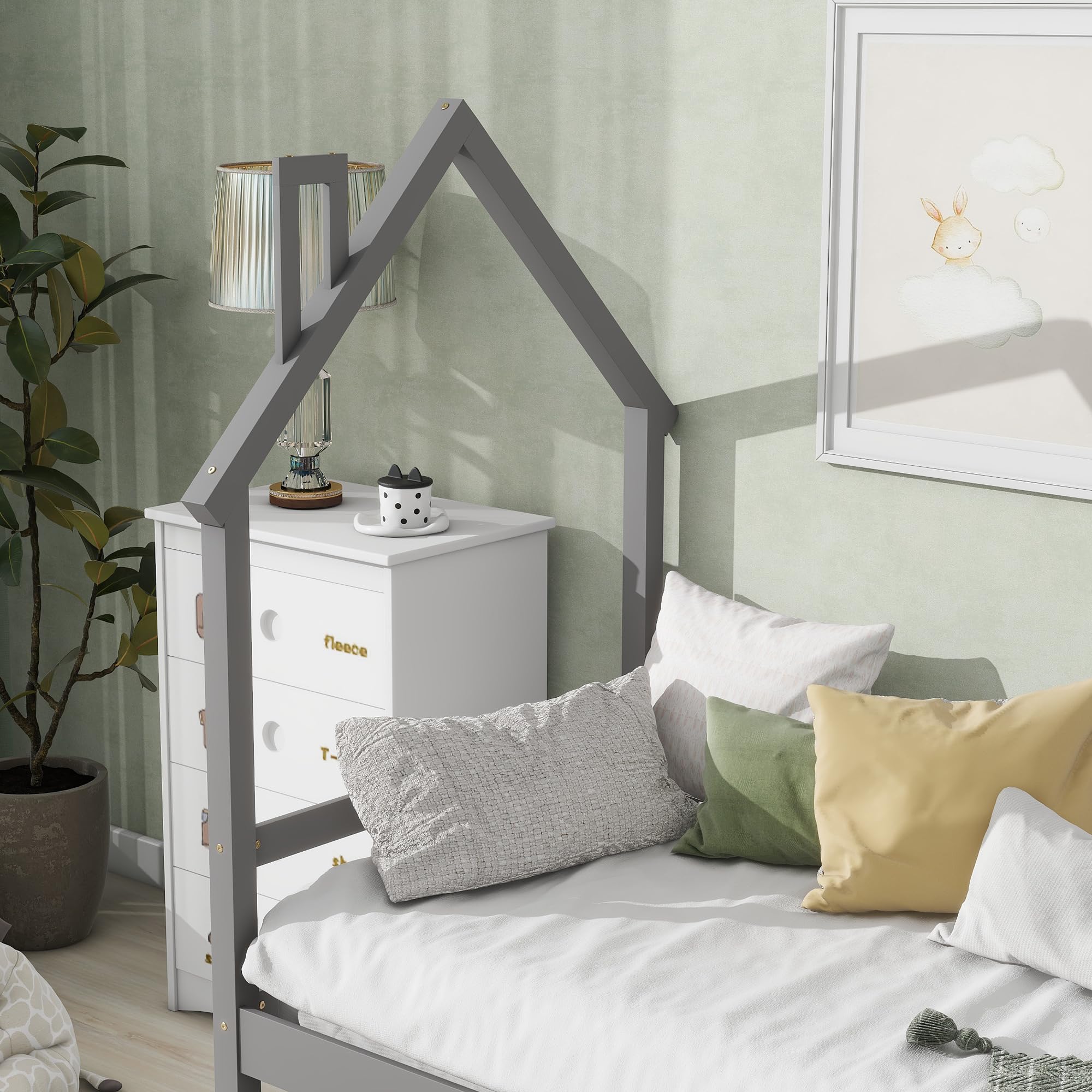 Size Bed with Trundle, House-Shaped Headboard Bed with Fence Guardrails