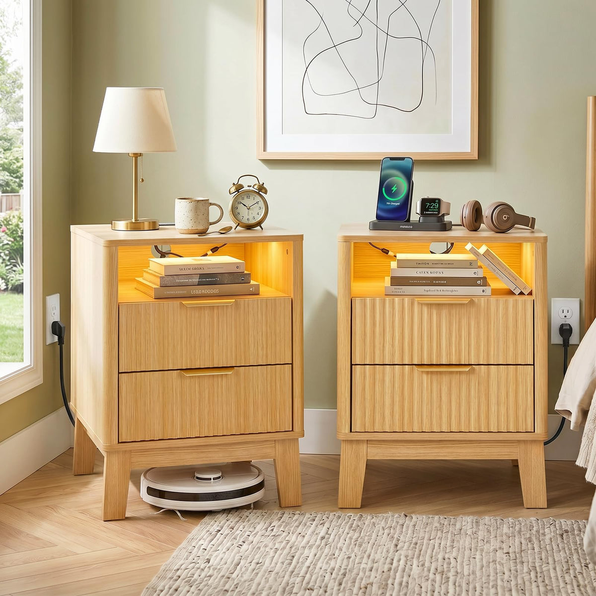 Fluted Nightstand Set of 2 – LED Lights, Charging Station, 2 Drawers, Natural Oak