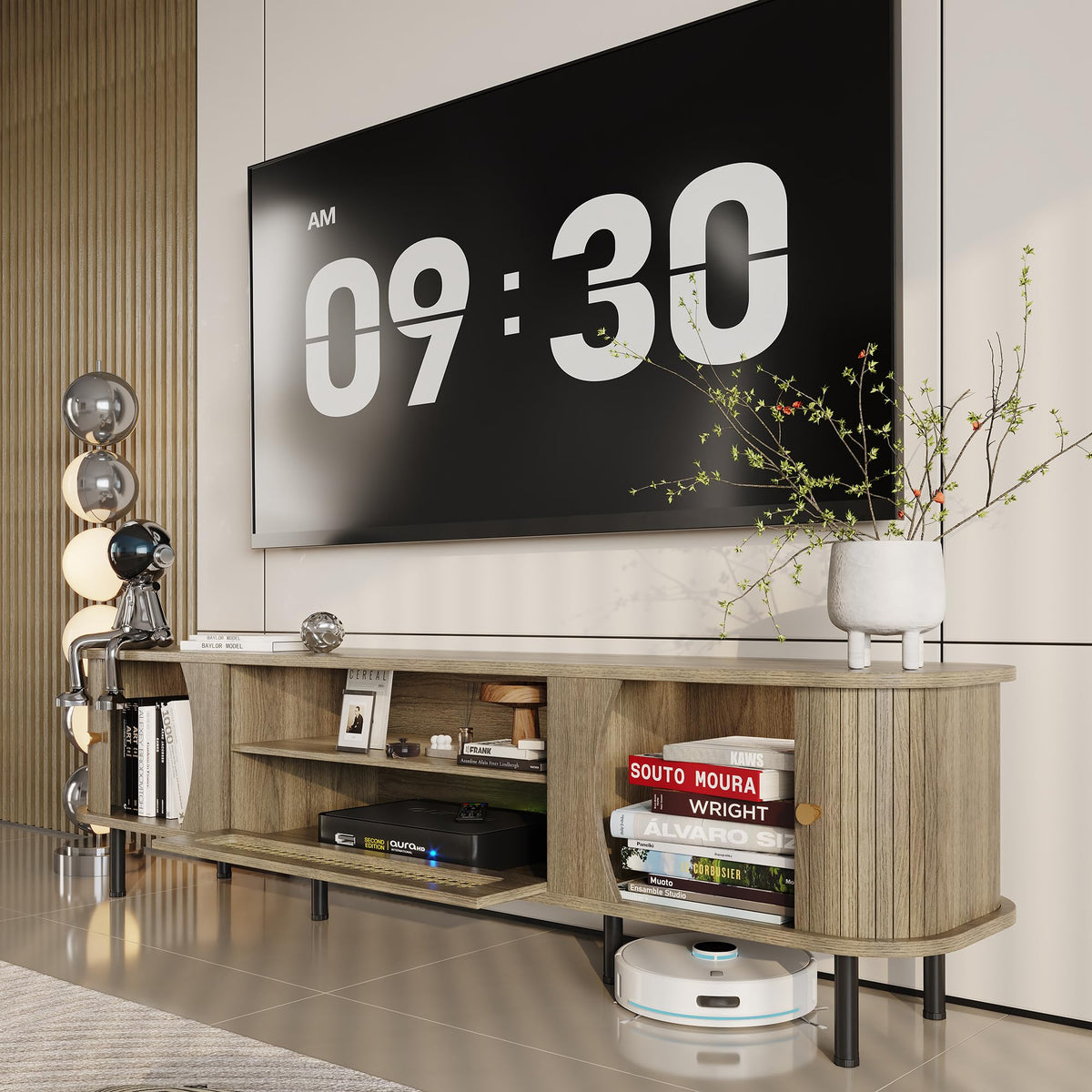 71" Mid-Century Modern TV Stand with Fluted Sliding Doors & Rattan Drawer