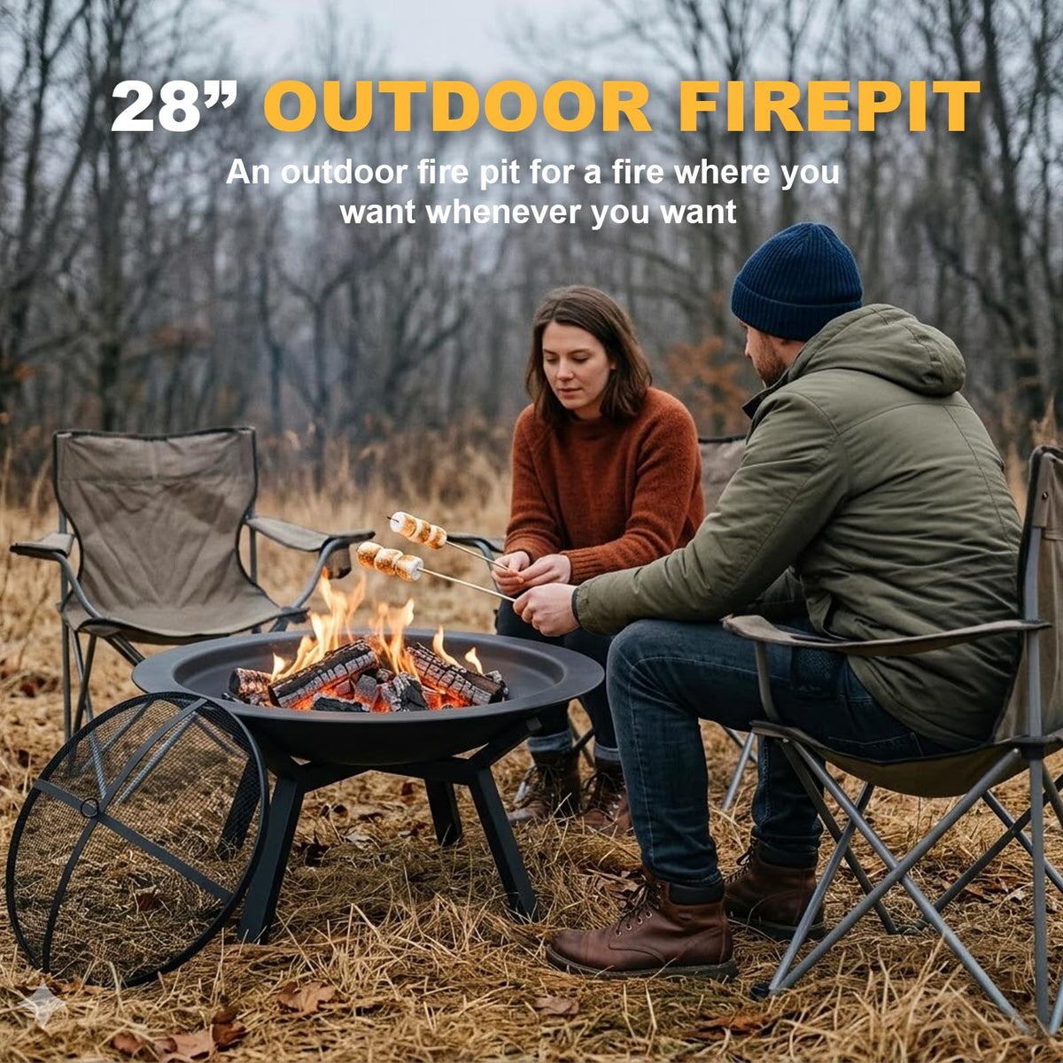 28-Inch Round Steel Fire Pit with Spark Screen