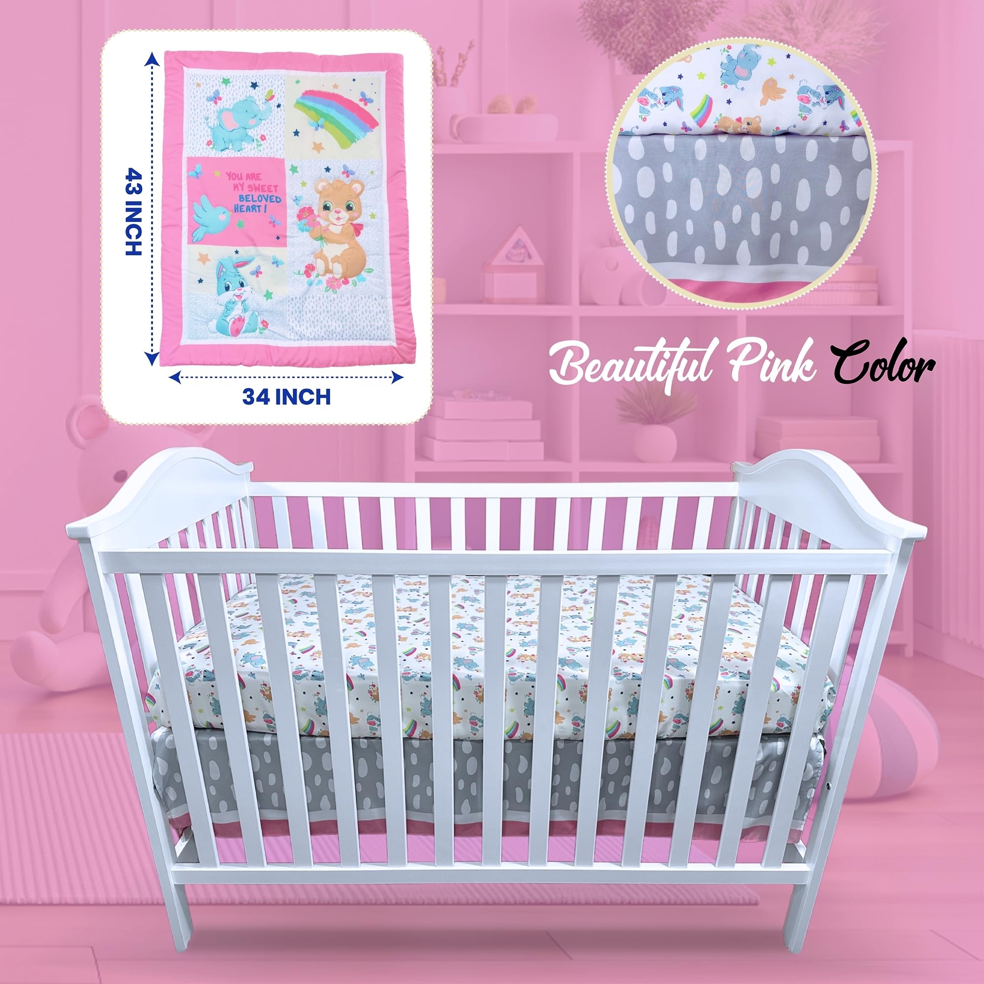 TrenD'Lay 4 Piece Baby Girl Crib Bedding Set, Crib Comforter Set for Girls, Crib Sets for Girl, Baby Bedding Set, Girl Crib Bedding Set, Infant & Toddler Nursery Bed Set, Ropa de cuna para niña.