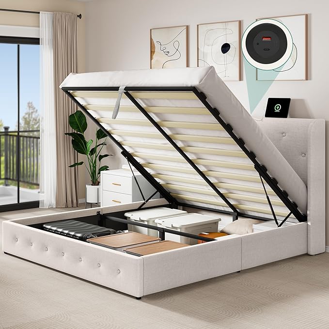 King Lift Up Storage Bed Frame with Charging Station,Upholstered Platform Bed