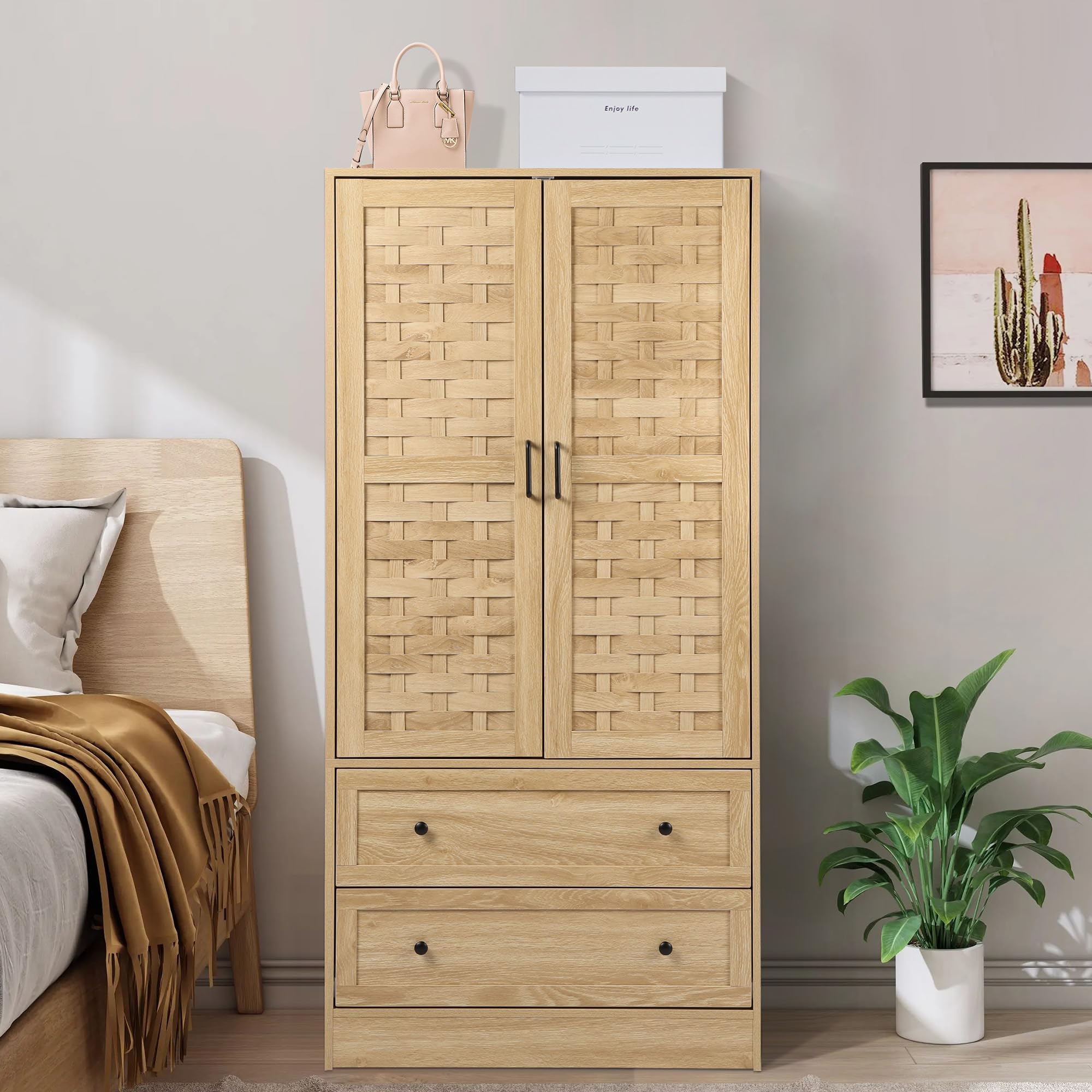 Armoire Wardrobe Closet with 2 Woven Doors, Wardrobe Cabinet