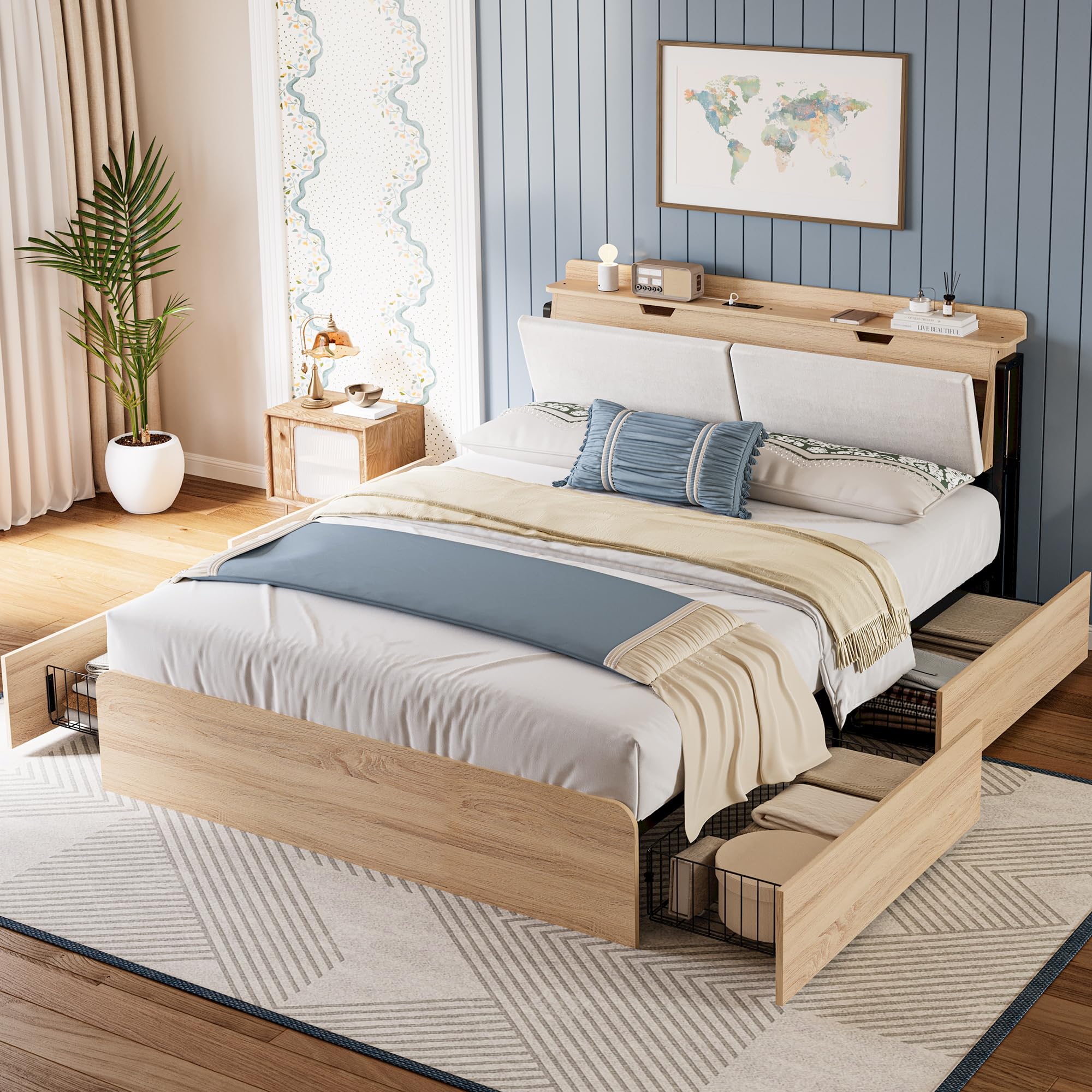 Queen Bed Frames with Hidden Storage Headboard