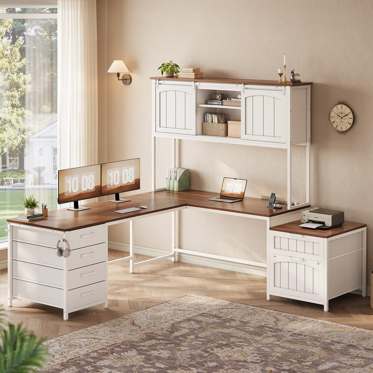 Farmhouse L-Shaped Desk with Hutch & 6 Drawers