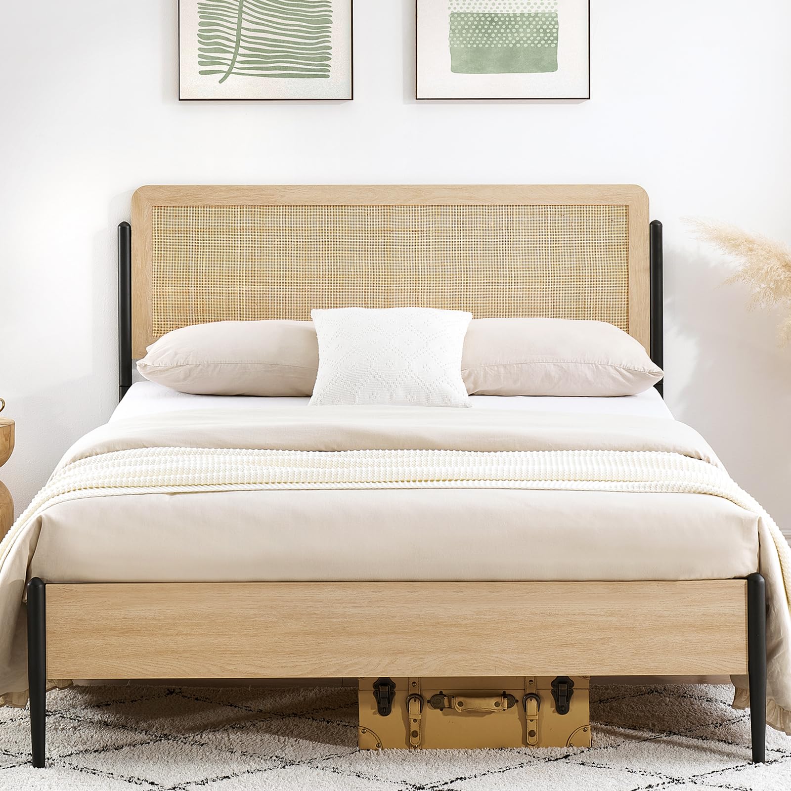Queen Metal Bed Frame with Rattan Headboard and Wooden Footboard