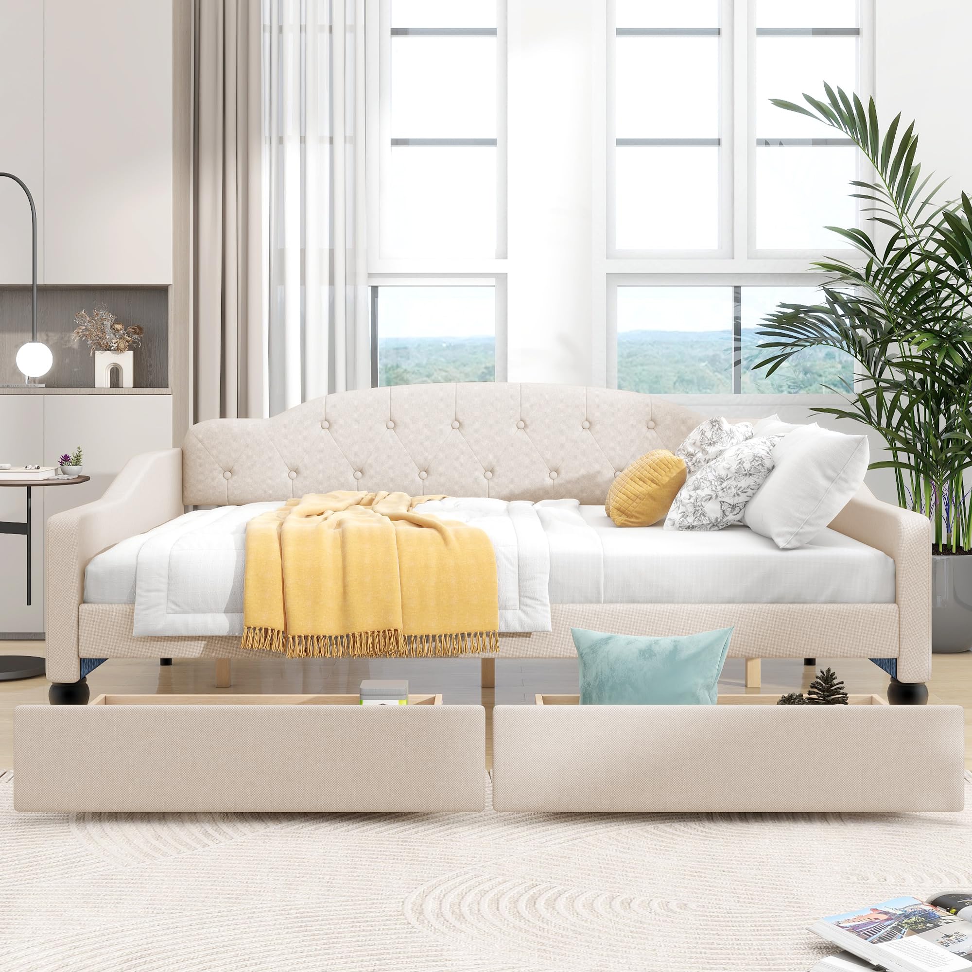 Upholstered Tufted Daybed with Two Drawers,Linen Sofa Bed for Small
