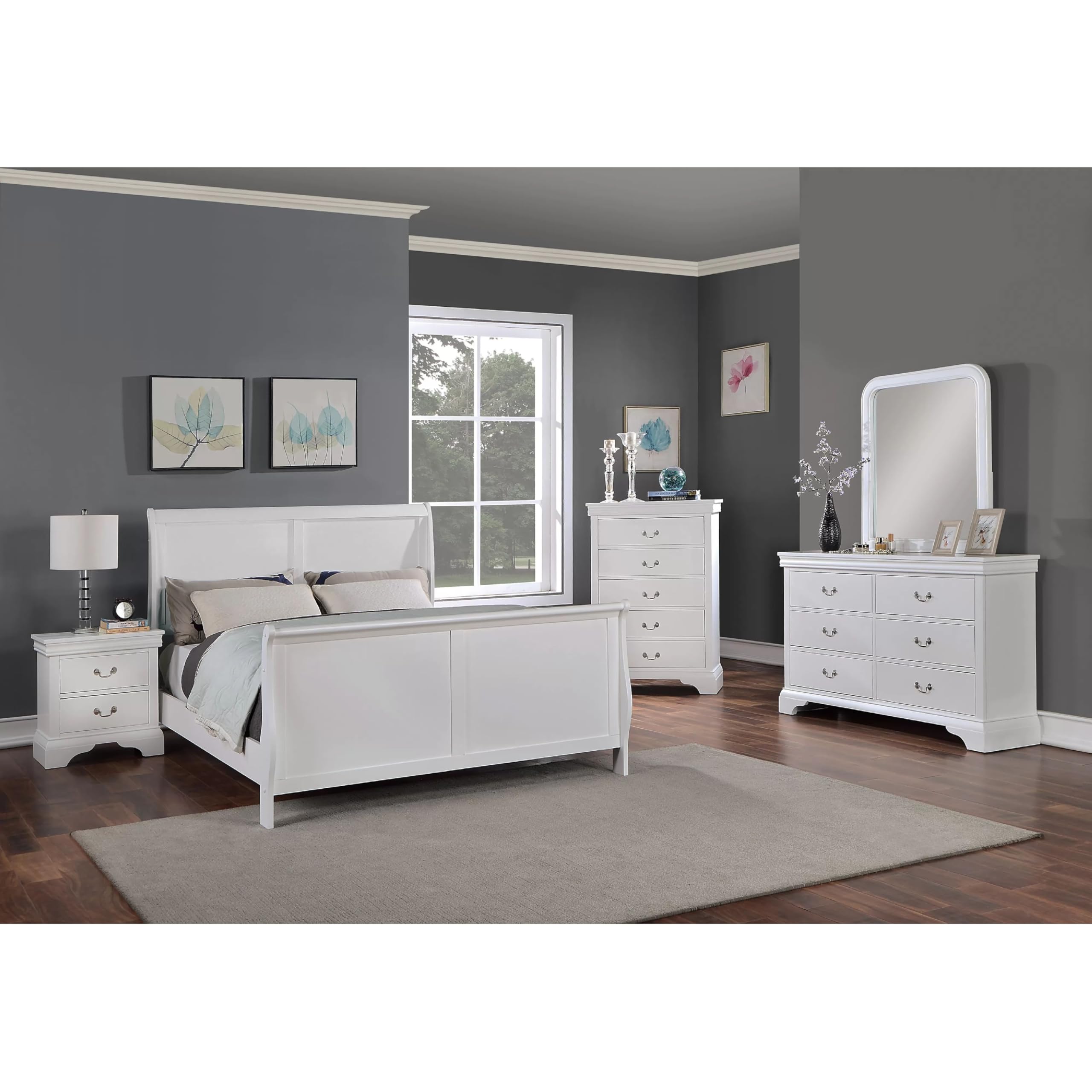 Nin King Size Sleigh Bed, Minimalist Style Headboard, Classic White Wood