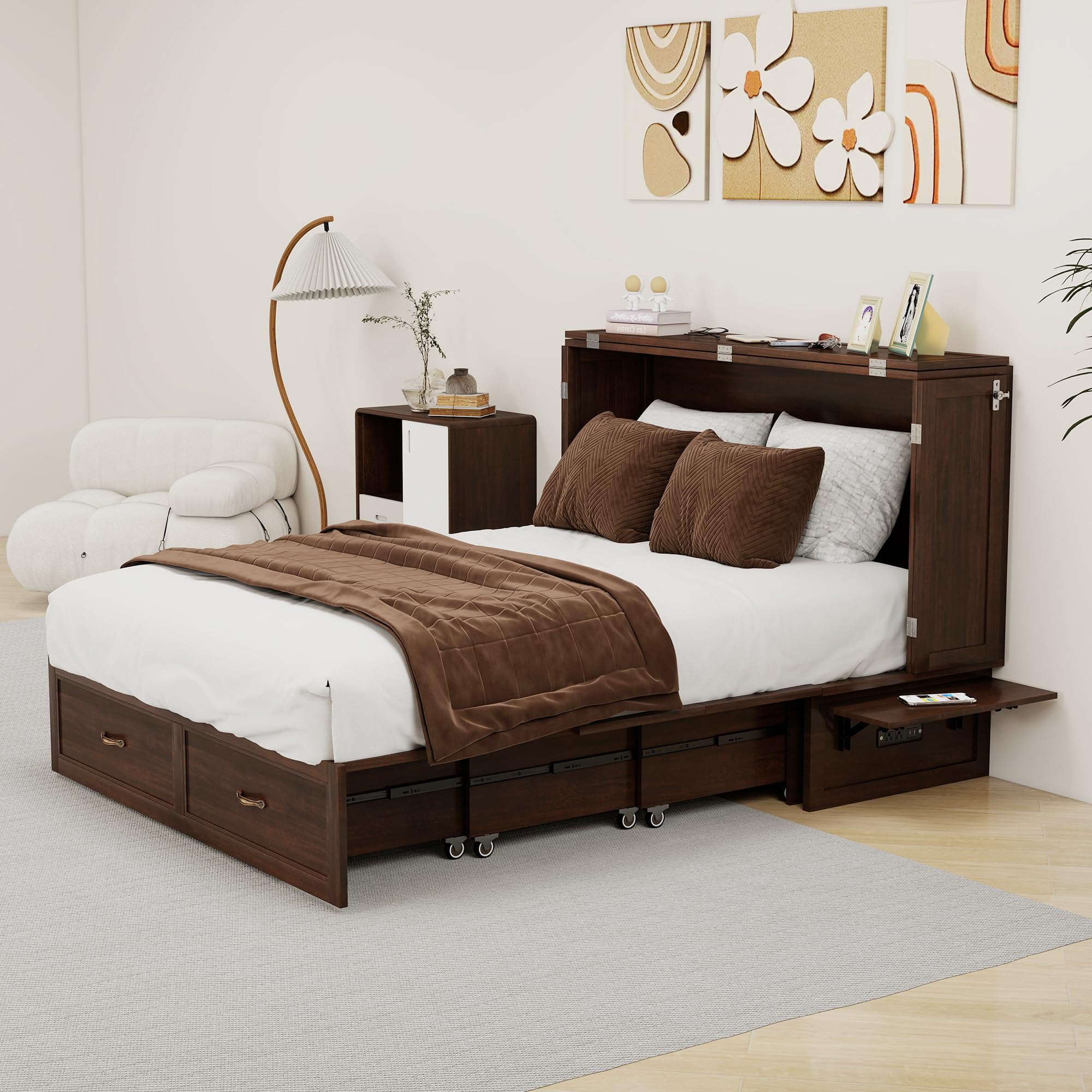 Murphy Bed Full, Solid Wood Murphy Bed Cabinet with 2 USB & 2 Charging Ports